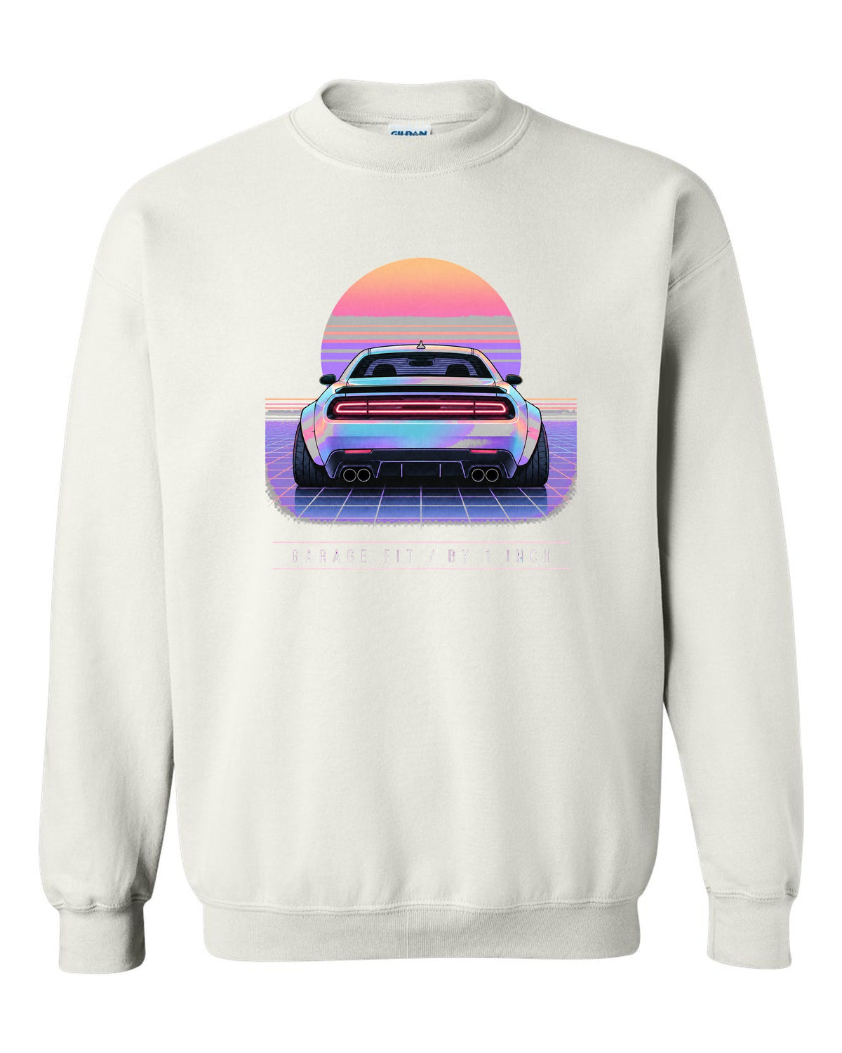 Vaporwave pastel print of a 2021 Dodge Challenger Scat Pack Widebody with garage fit text white crewneck front view with the design