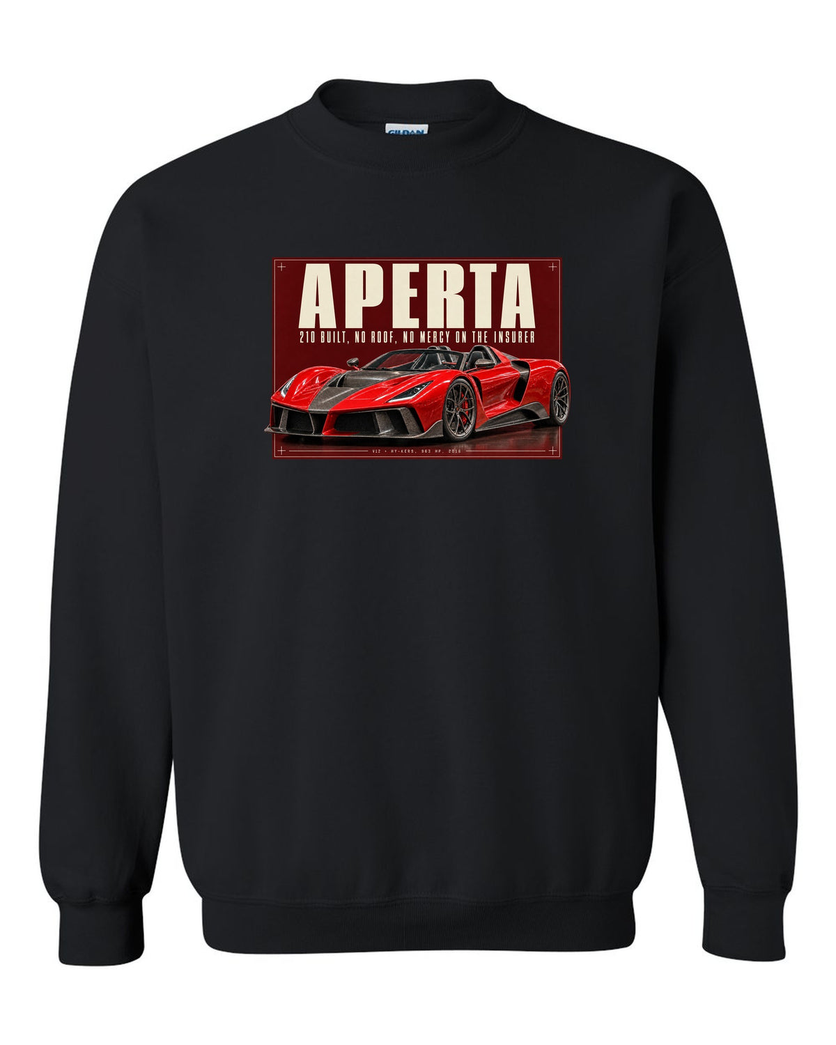 Ferrari LaFerrari Aperta editorial headline print, 210 built black crewneck front view with the design