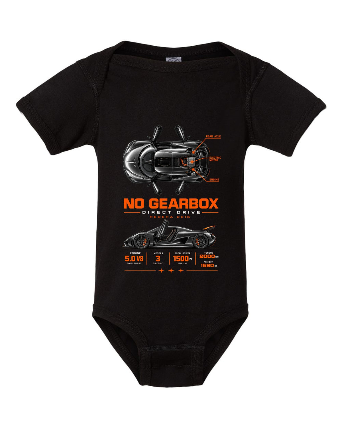 Koenigsegg Regera 2015 direct drive spec poster black baby onesie front view with the design