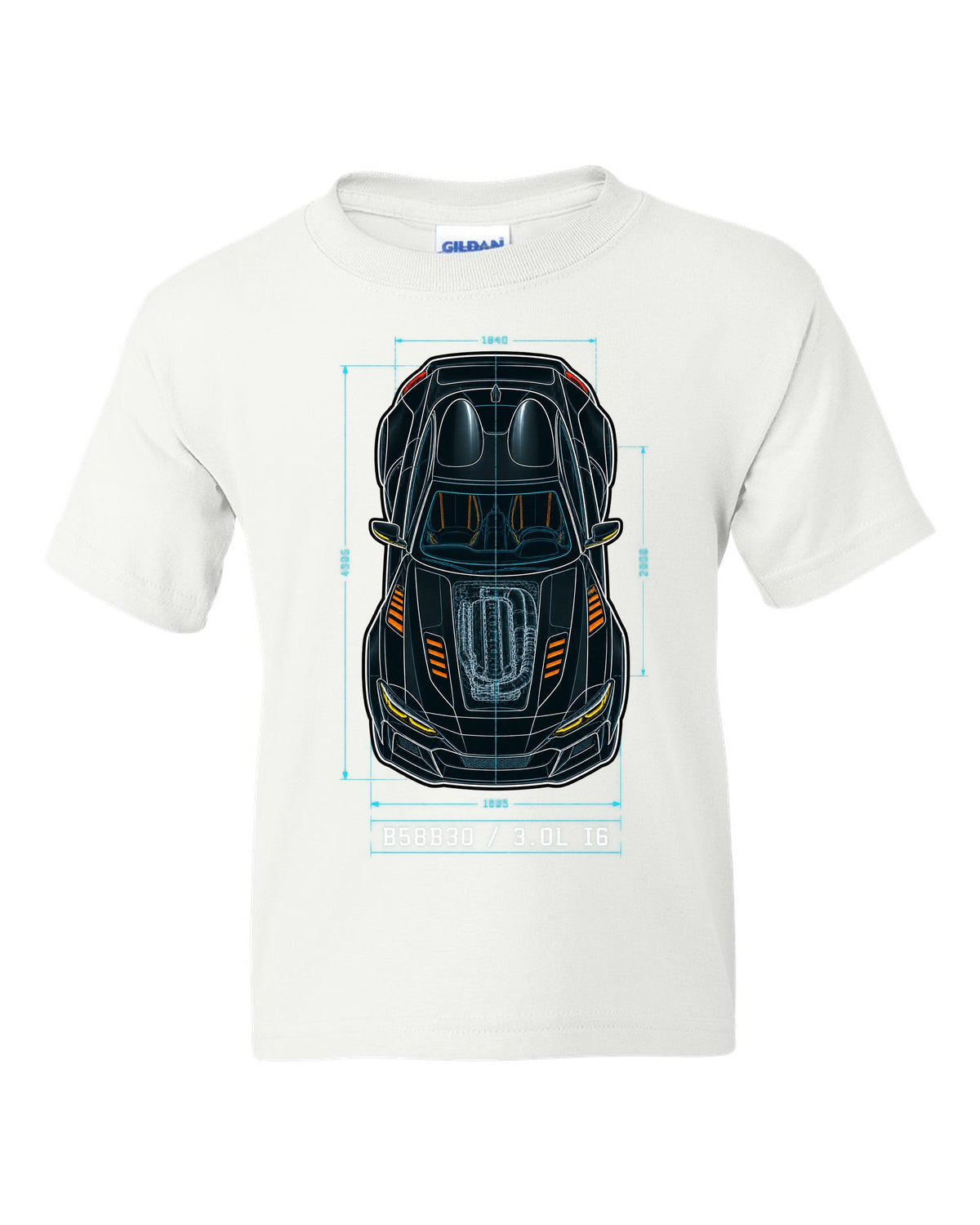 Patent-style overhead blueprint of the B58B30 3.0L inline-six in the Toyota GR Supra A90 white kids tee front view with the design