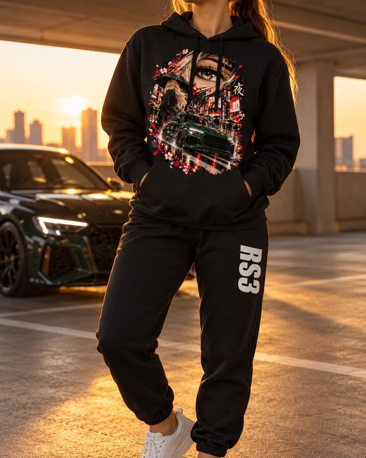 Audi RS3 Anime Girl Hoodie + Jogger Set Black worn hero
