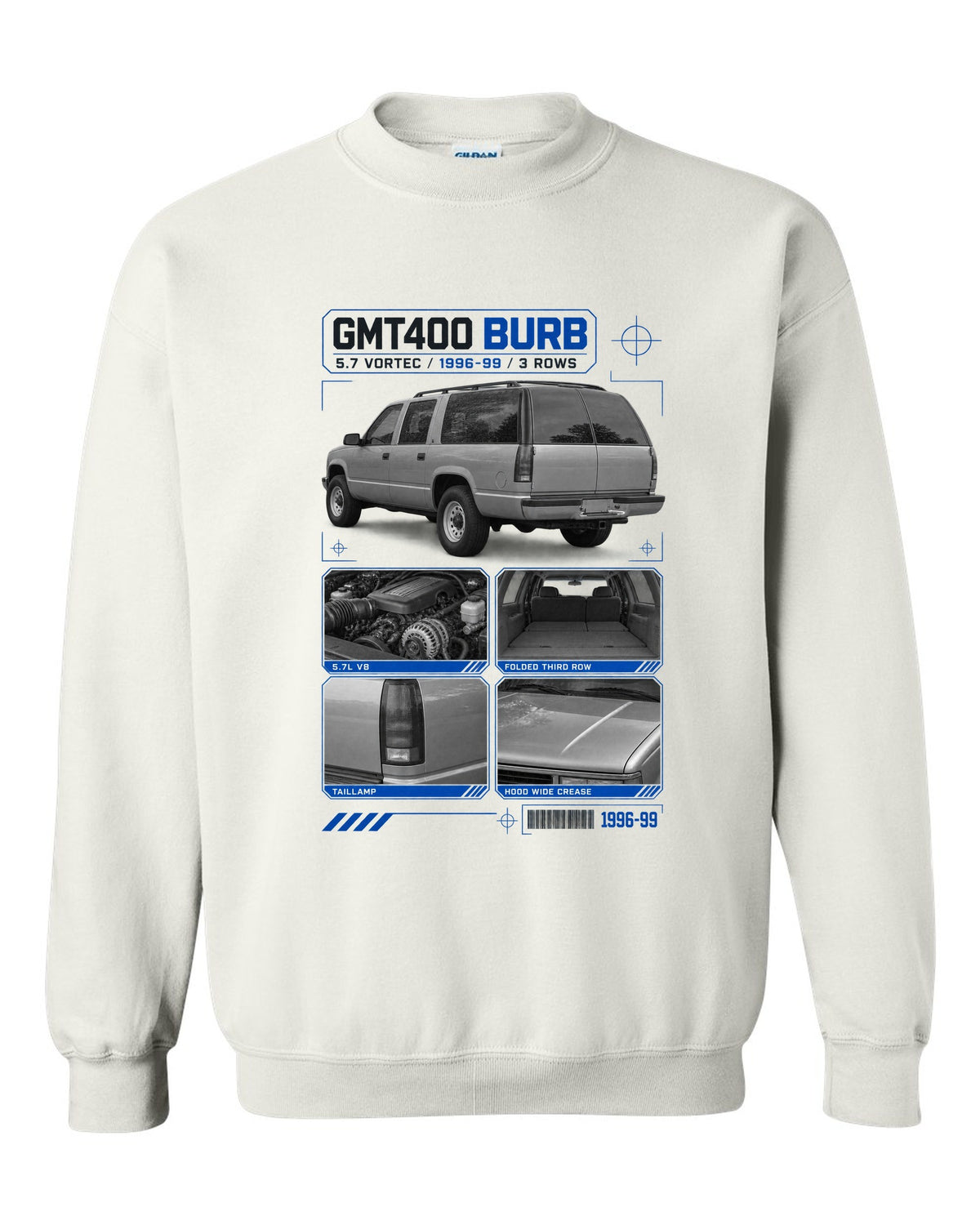 Dossier print of a 1992-99 Chevrolet GMT400 Suburban in a rear three-quarter view white crewneck front view with the design