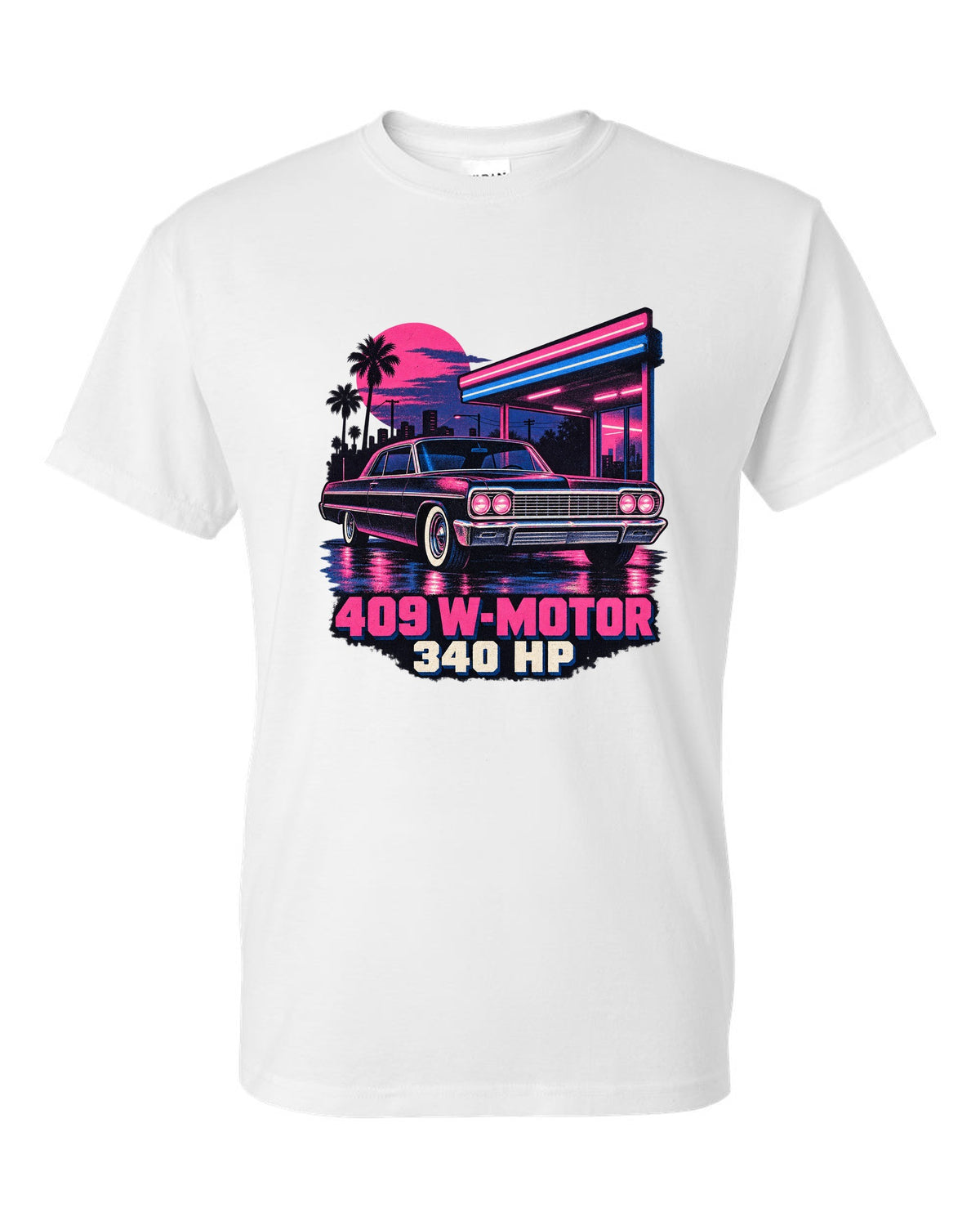 1964 Chevrolet Impala SS in pink and blue risograph neon rain with text 409 W-Motor 340 HP white t-shirt front view with the design