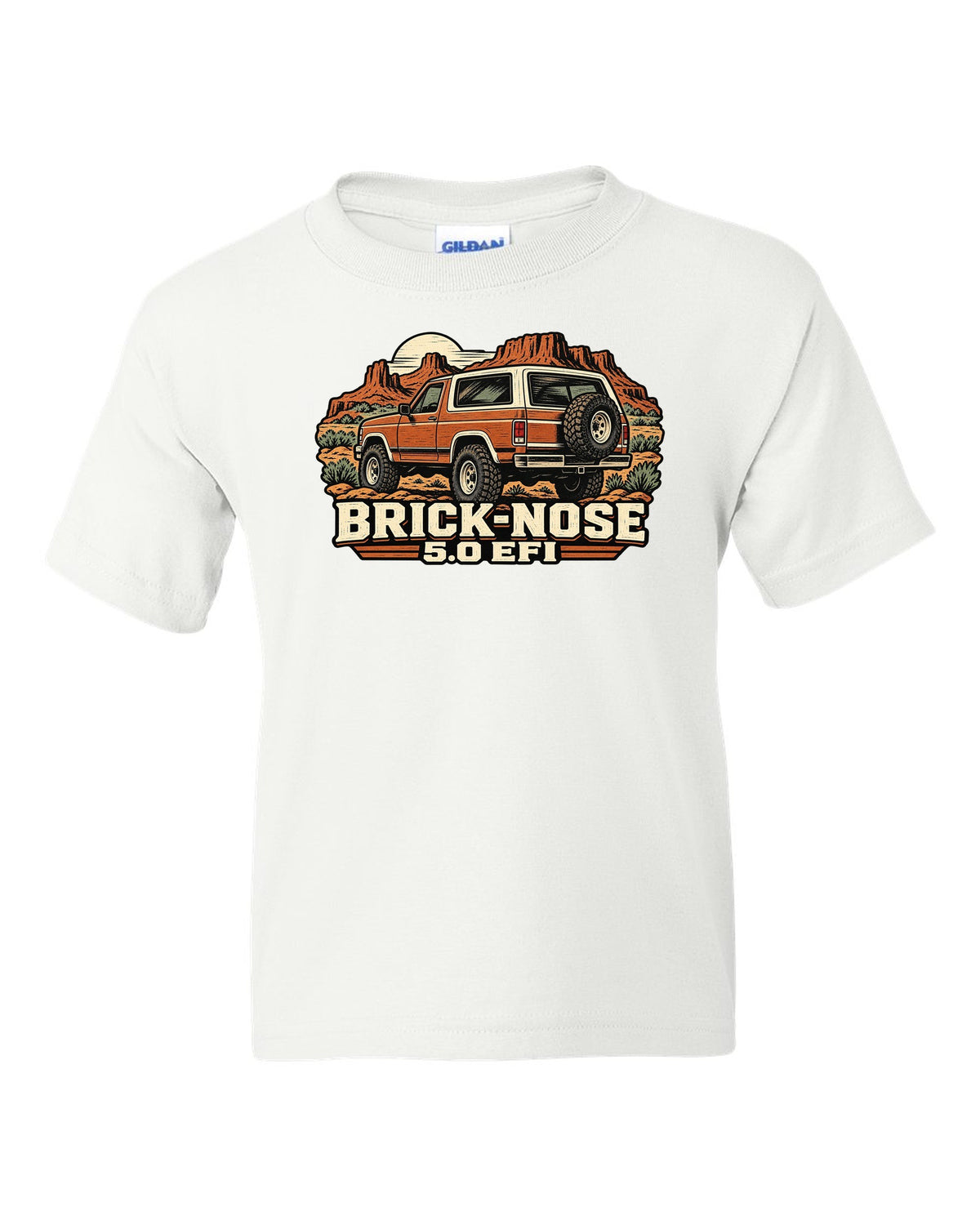 Ford Bronco Brick-Nose 1987-1991 rear in a linocut woodcut print white kids tee front view with the design