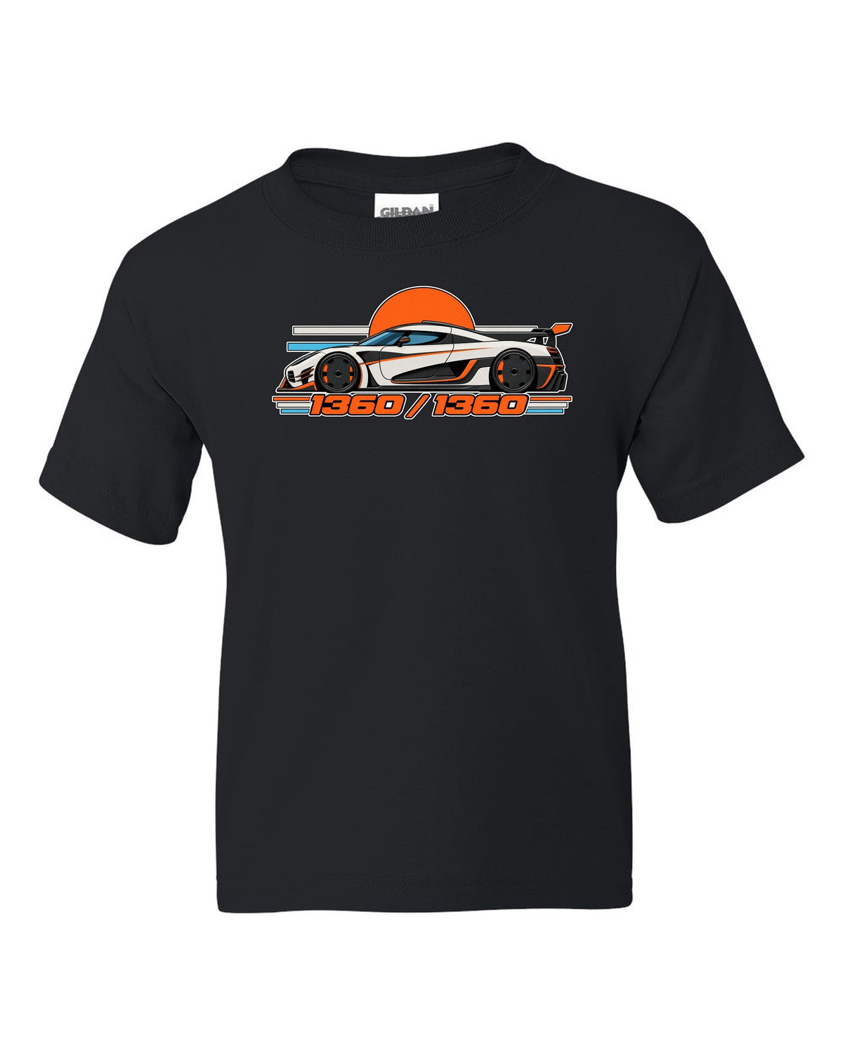 Minimal Swiss grid print for the Koenigsegg One:1 with 1360 over 1360 lettering black kids tee front view with the design