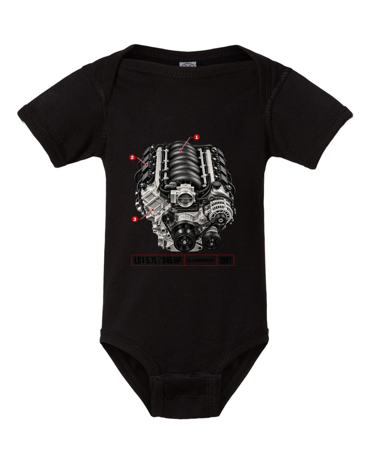 Corvette C5 coupe with LS1 5.7L engine poster print black baby onesie front view with the design