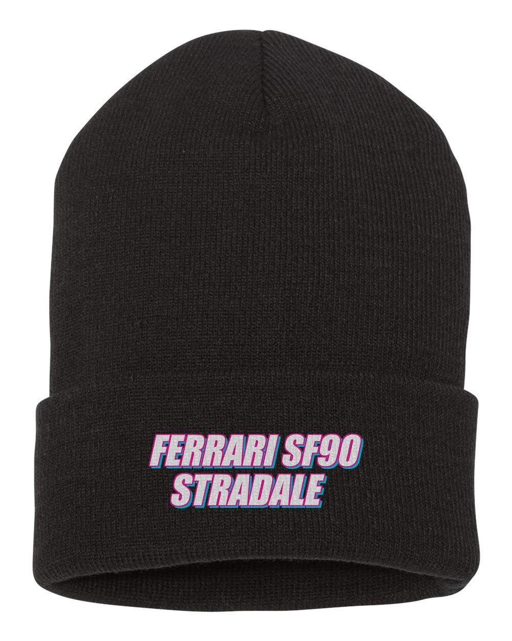 Ferrari Sf90 Stradale black beanie front view with car name