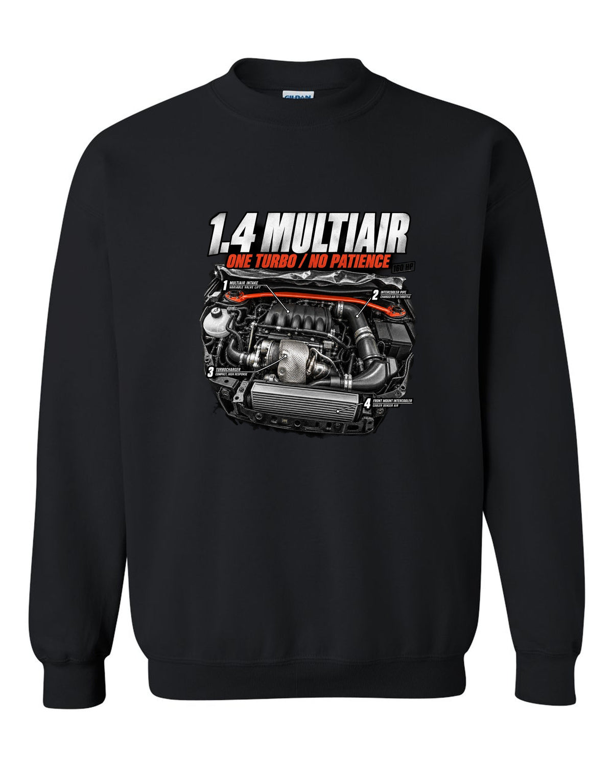 Engine hero print of the Fiat 500 Abarth 1.4 MultiAir turbo with 160 HP text black crewneck front view with the design