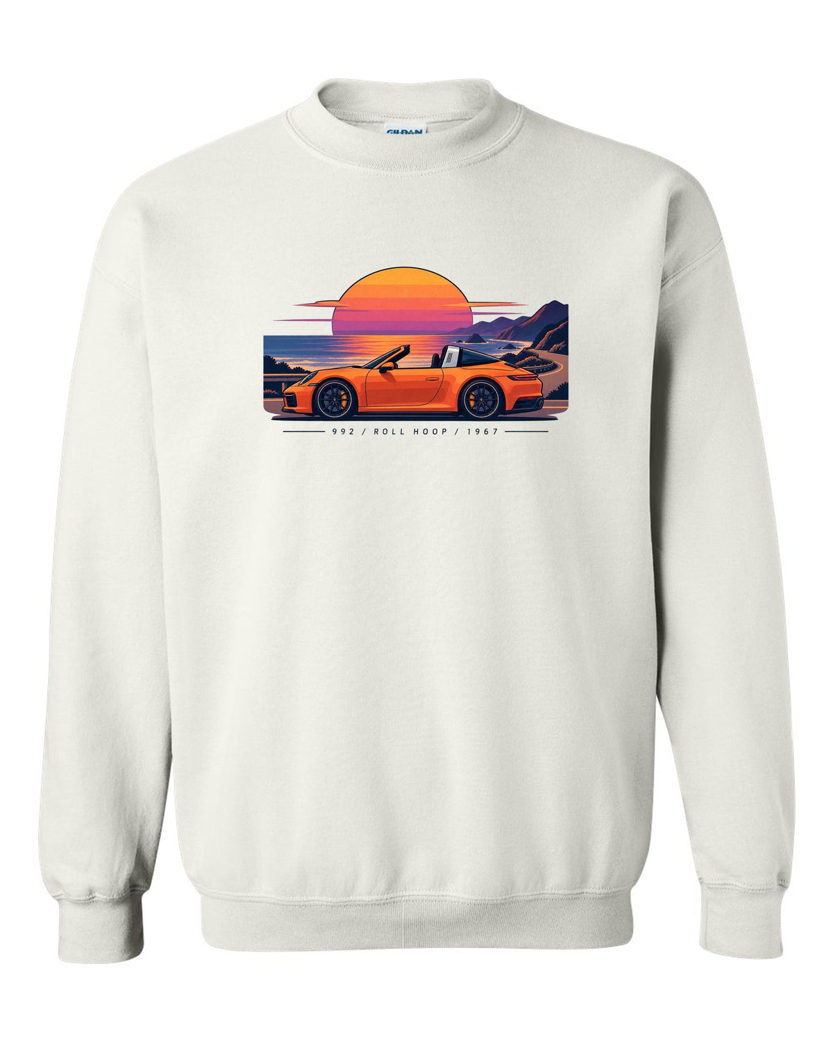 Porsche 997 GT3 RS exploded view diagram design in orange with Mezger lettering white crewneck front view with the design
