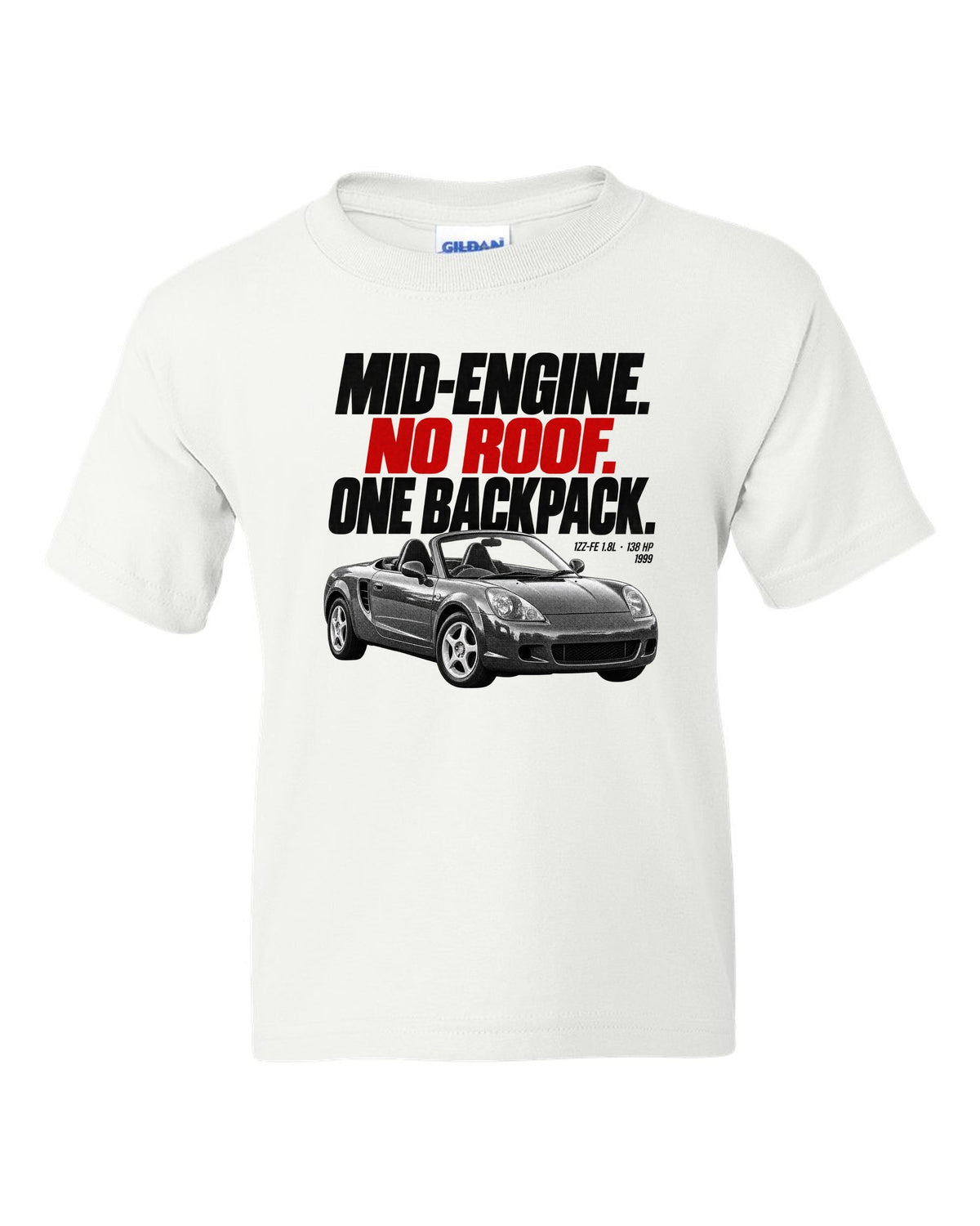 Halftone print of a Toyota MR2 Spyder W30 MR-S with the text Mid-Engine No Roof One Backpack white kids tee front view with the design