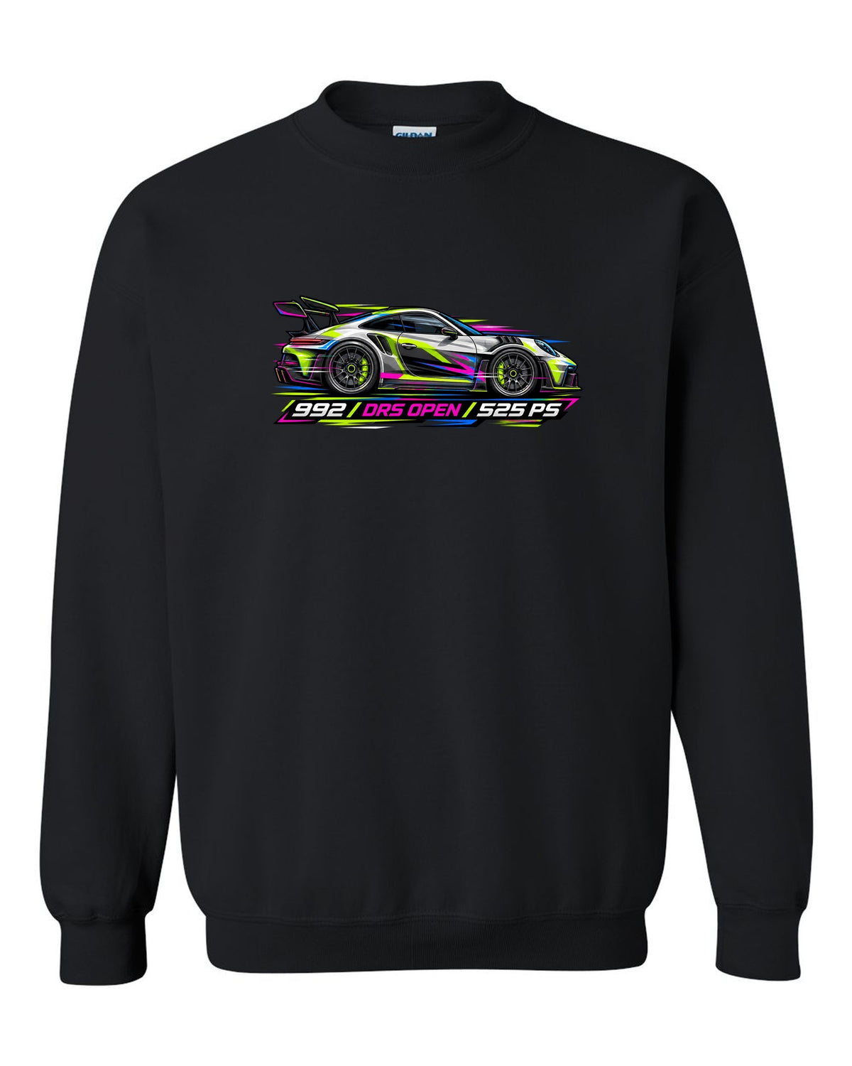 Cyberpunk neon vector artwork of a Porsche 911 GT3 RS 992 with DRS open black crewneck front view with the design
