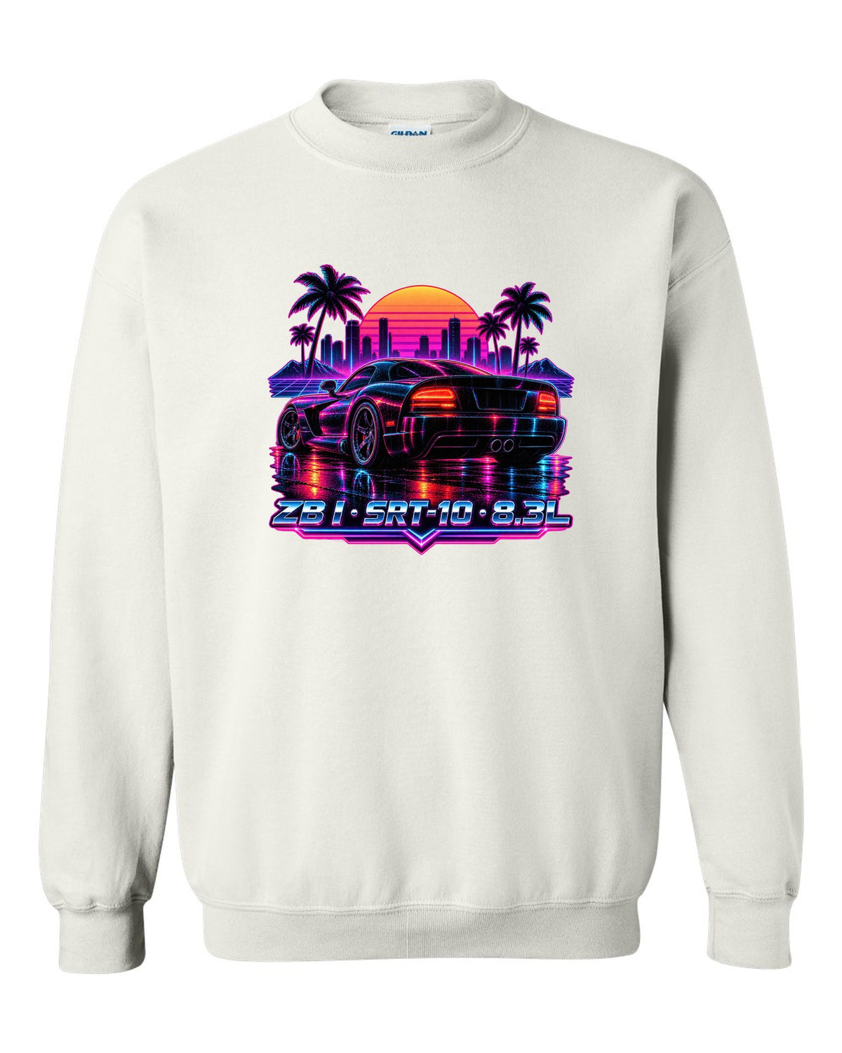 Synthwave neon rain street print of a 2005 Dodge Viper SRT-10 ZB I tail white crewneck front view with the design