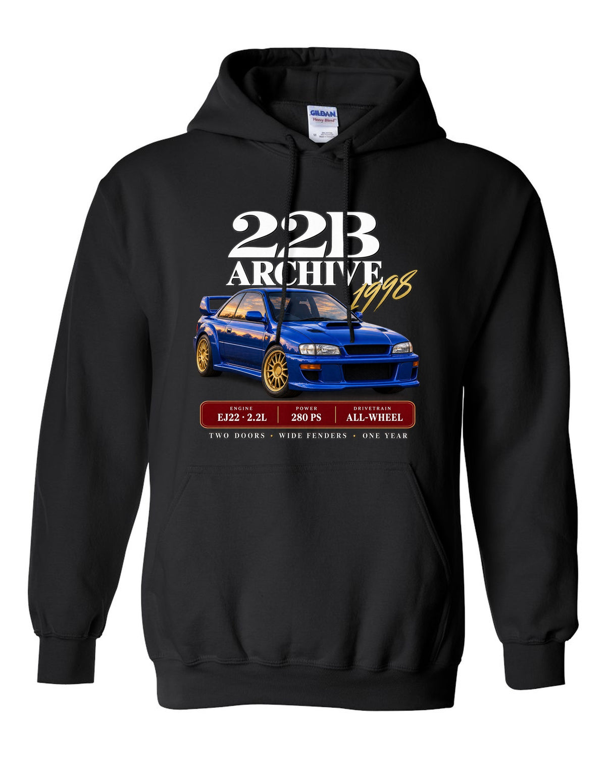 Subaru Impreza 22B STI 1998 archive panel with EJ22 2.2L 280 PS specs black pull over hoodie front view with the design
