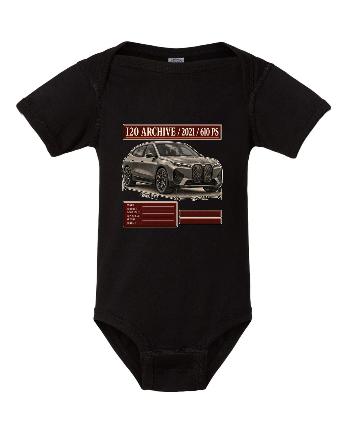 Archive panel print of the BMW iX M60 I20 with 2021 and 610 PS black baby onesie front view with the design