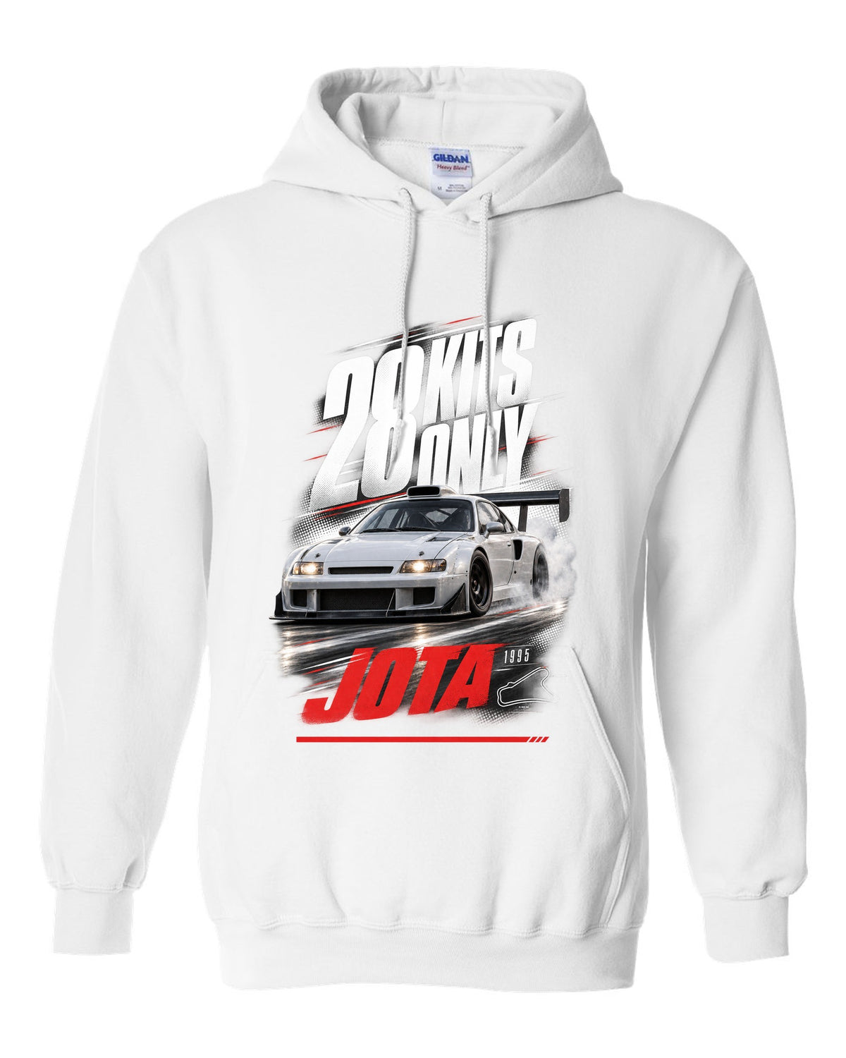 Race poster print of a Lamborghini Diablo SE30 Jota with 28 kits only text white pull over hoodie front view with the design