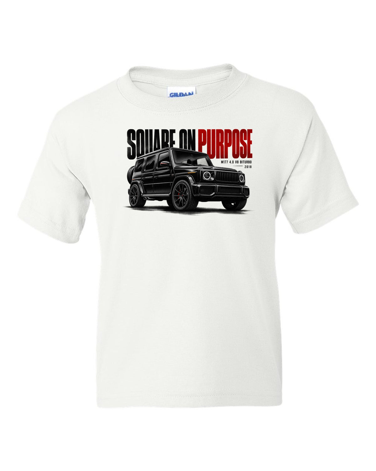 Halftone statement print of a Mercedes-AMG G63 W464 with Square On Purpose lettering white kids tee front view with the design