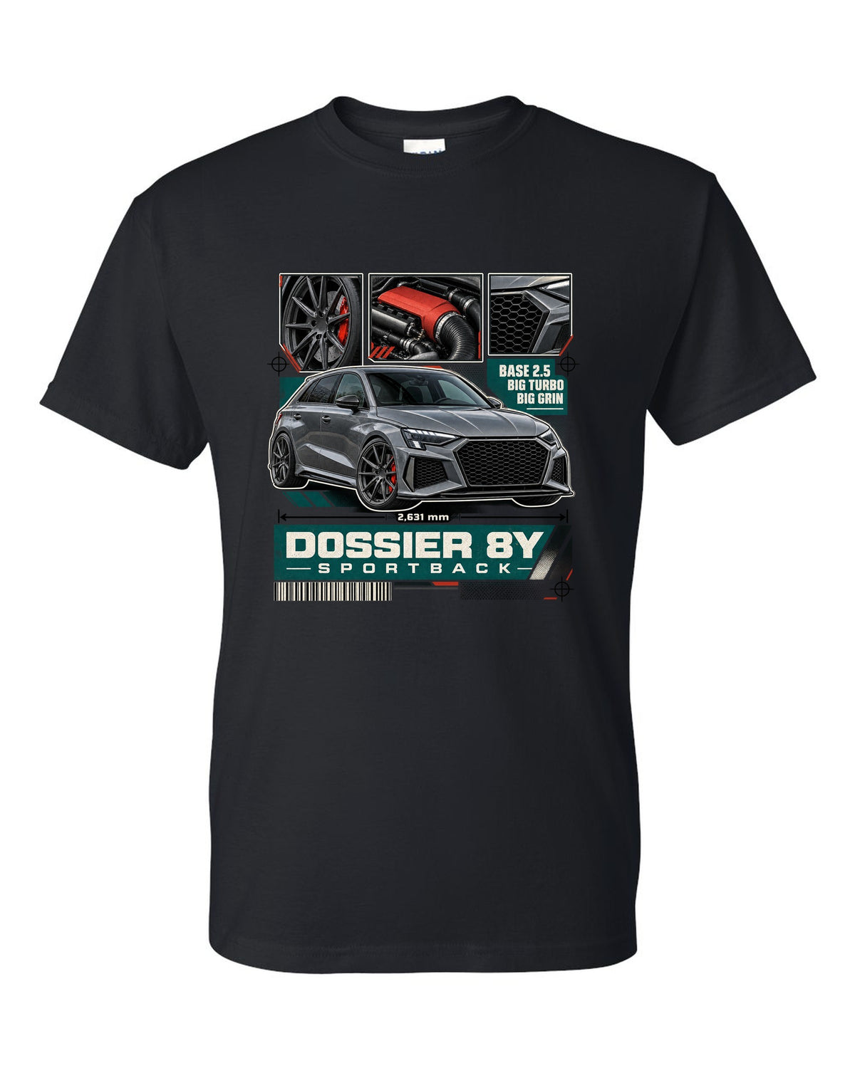 Three-panel dossier of an Audi RS3 8Y Sportback pre-facelift black t-shirt front view with the design