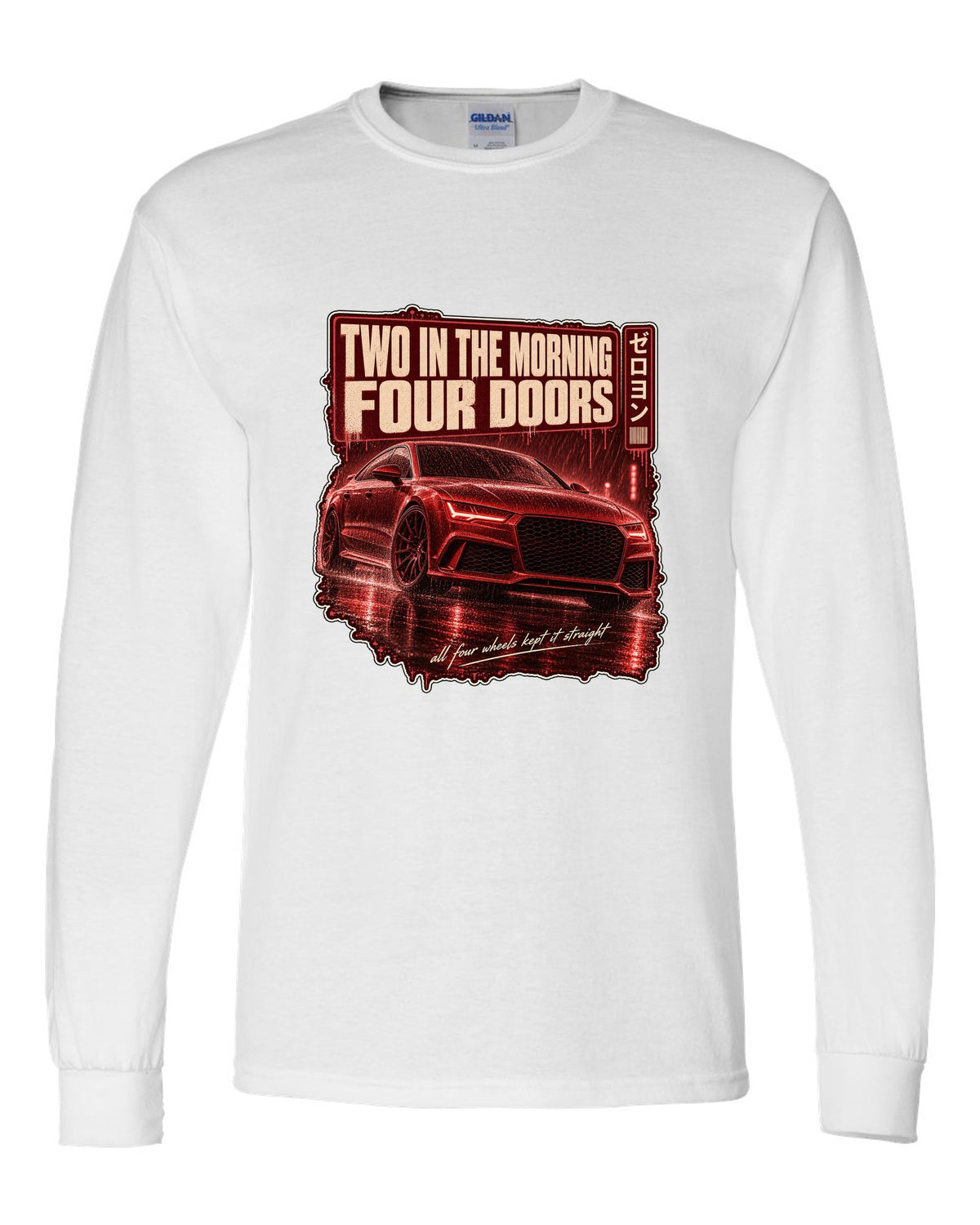 Audi RS7 Sportback C7 on a rainy night street print white long sleeve front view with the design