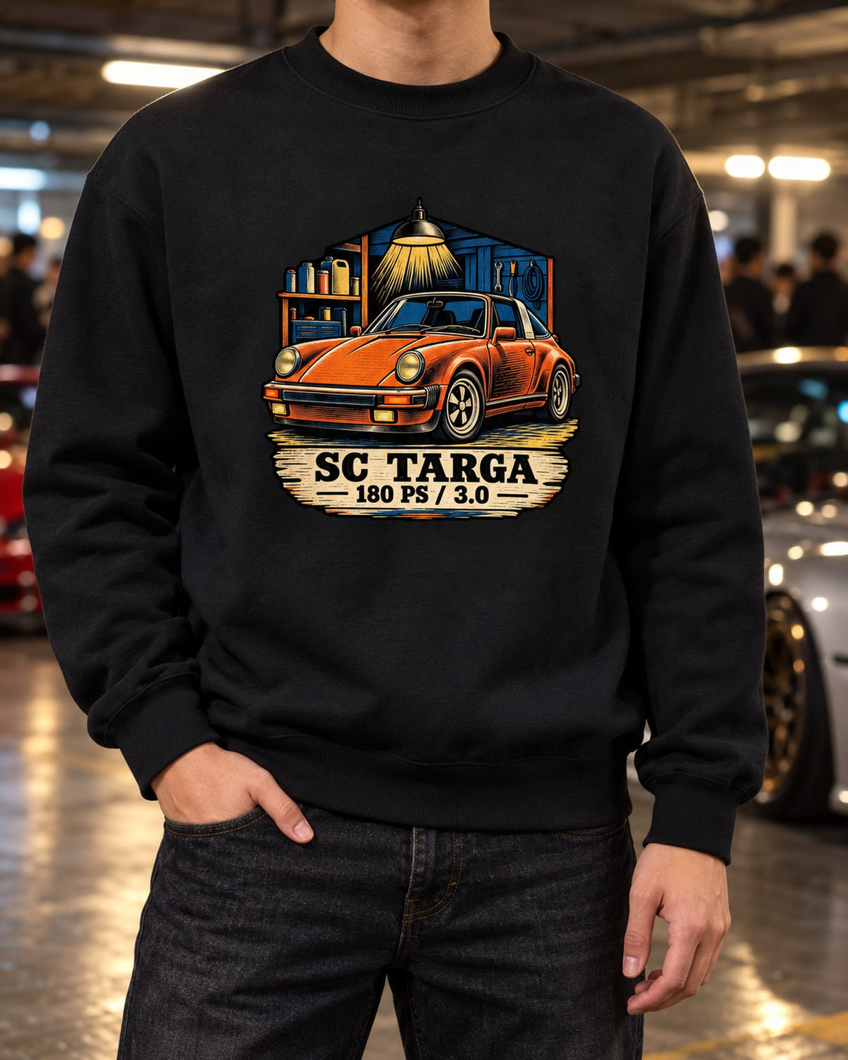 Blueprint Porsche 356 A 1.6 L Flat-Four Shirt, Car Guy Gift Crewneck Black worn hero