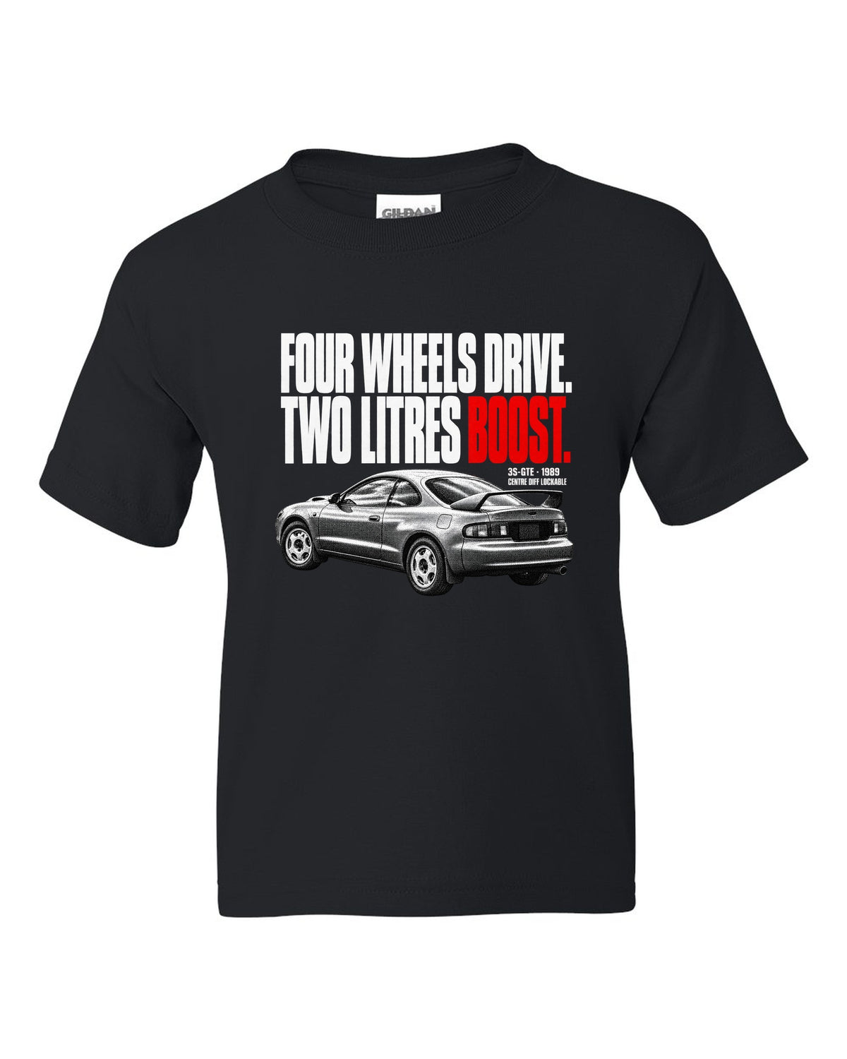 Halftone print of a Toyota Celica GT-Four ST185 with 3S-GTE and centre diff text black kids tee front view with the design