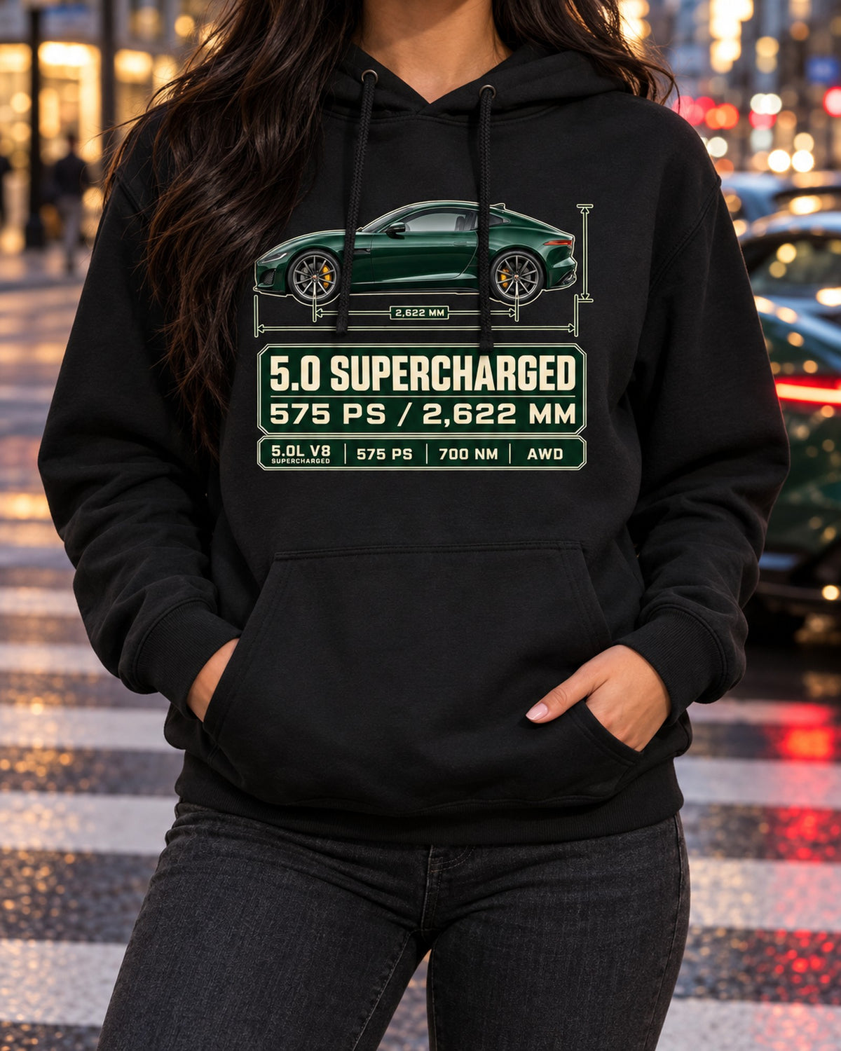 Jaguar F-Type R Coupe Spec Poster Shirt, Supercharged V8 Pull Over Hoodie Black worn hero