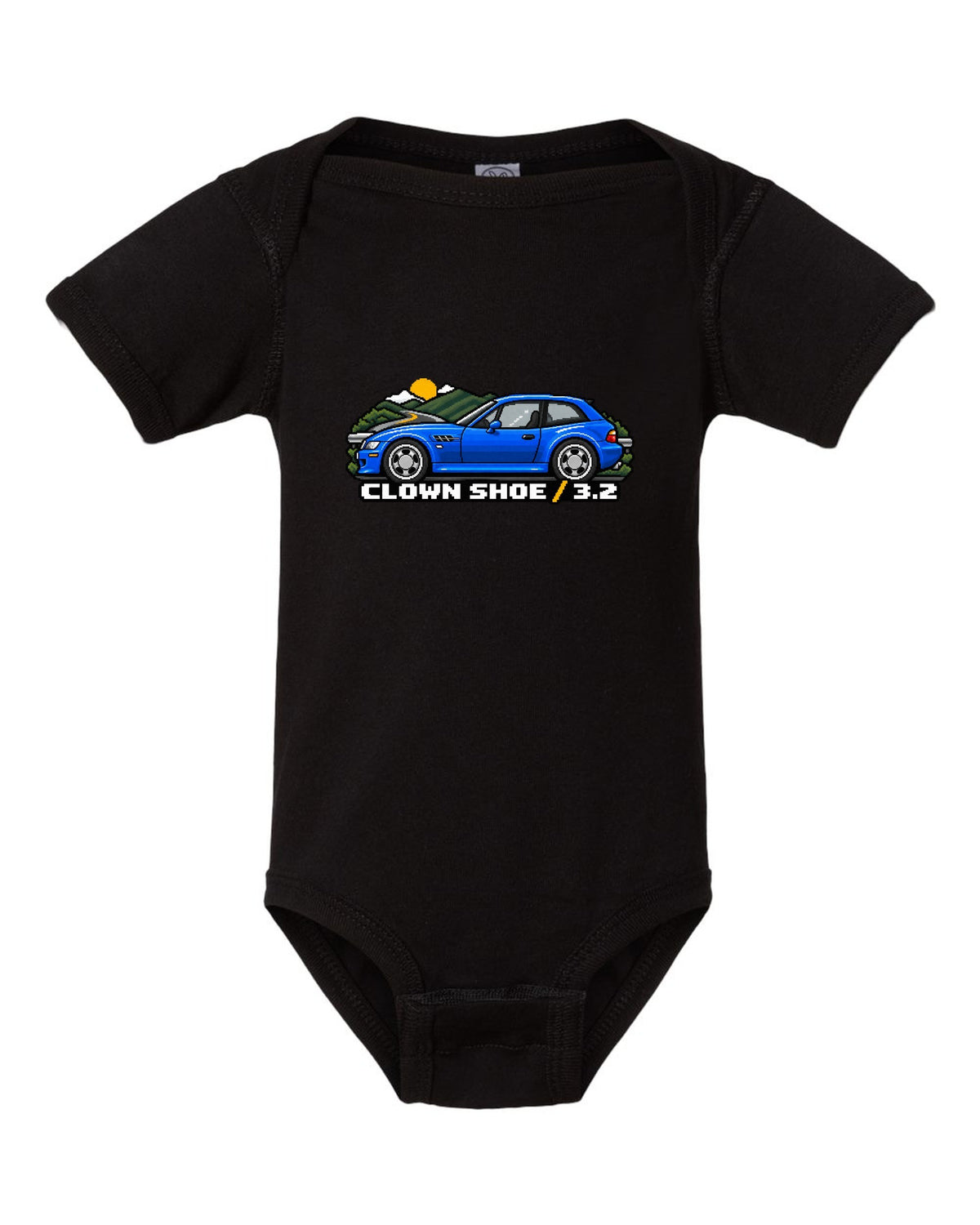 BMW Z4 M Coupe E86 coast road sunset watercolour print with S54 text black baby onesie front view with the design