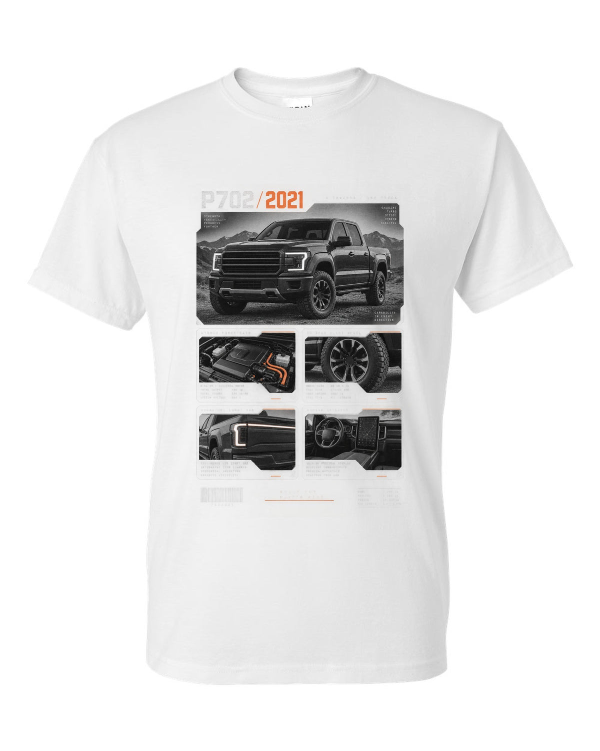 Dossier panel print of a 2021 Ford F-150 P702 light bar with five engines text white t-shirt front view with the design