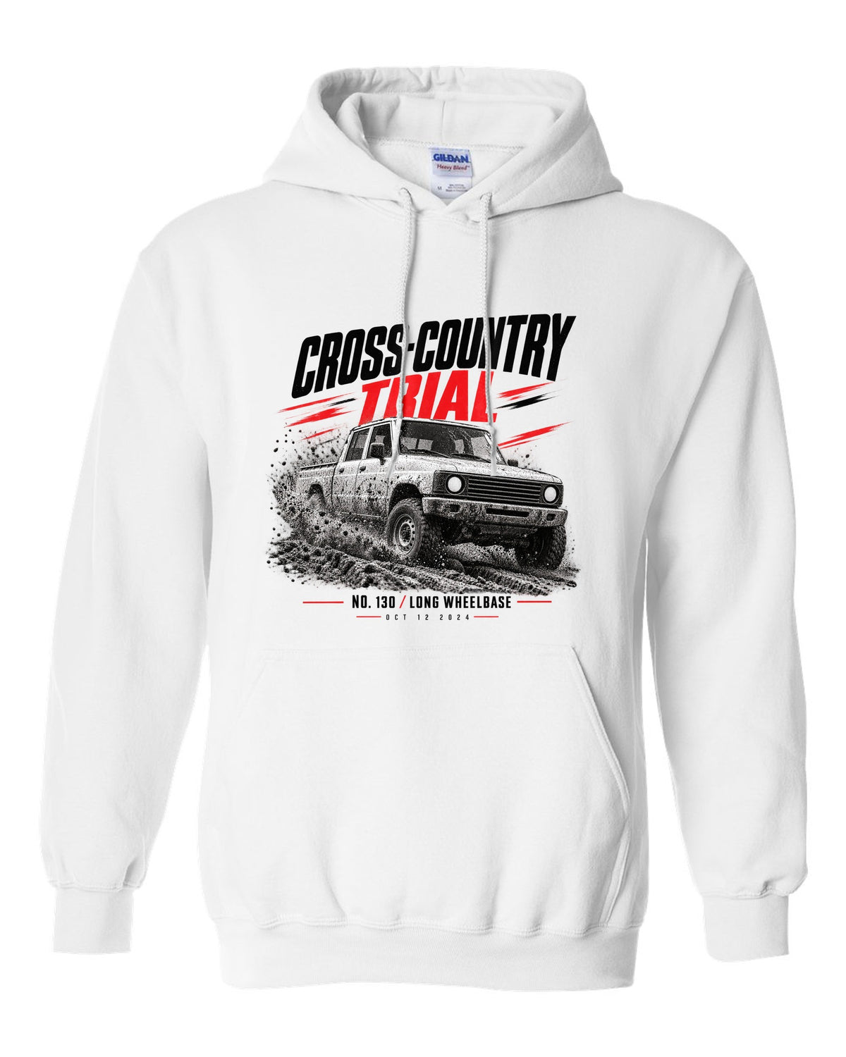 Land Rover Defender 130 cross-country trial race poster print white pull over hoodie front view with the design