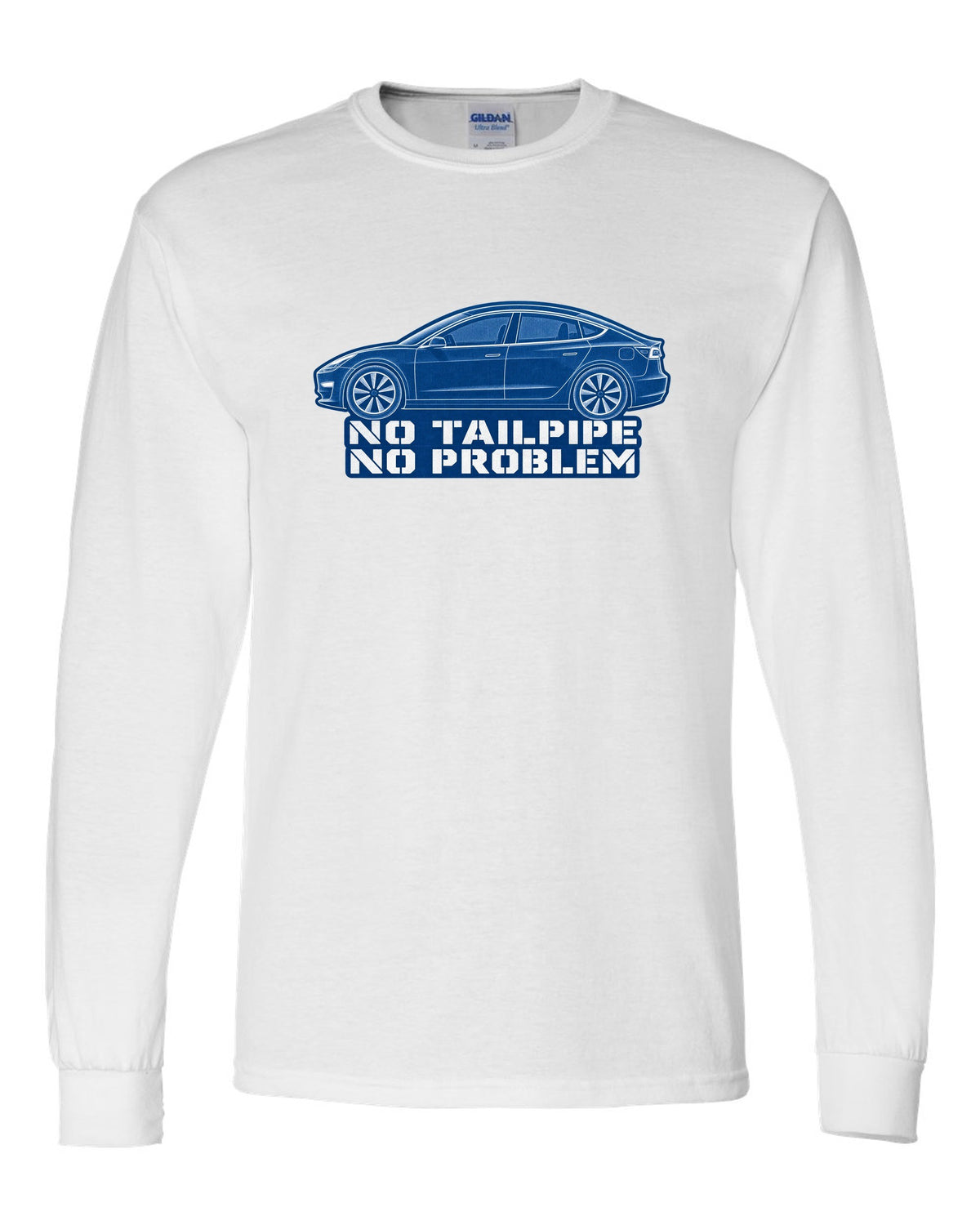 Cyanotype negative blueprint of a 2017-2023 Tesla Model 3 with the words No Tailpipe No Problem white long sleeve front view with the design