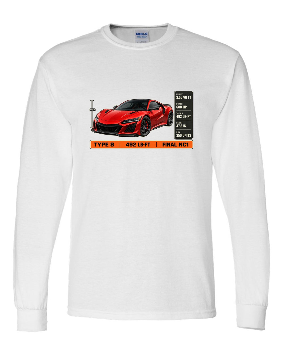 Spec poster print of a Curva Red Acura NSX NC1 Type S three-quarter white long sleeve front view with the design
