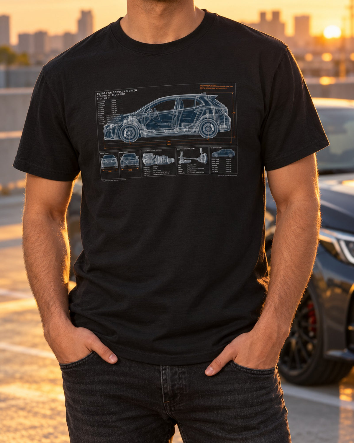 Toyota GR Yaris 2024 Update Editorial Headline Tee, 8-Speed Auto T-Shirt Black worn hero