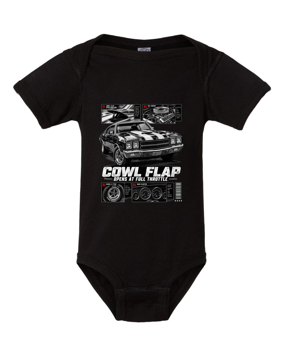 1970 Chevelle SS 454 dossier panel print with cowl flap detail black baby onesie front view with the design
