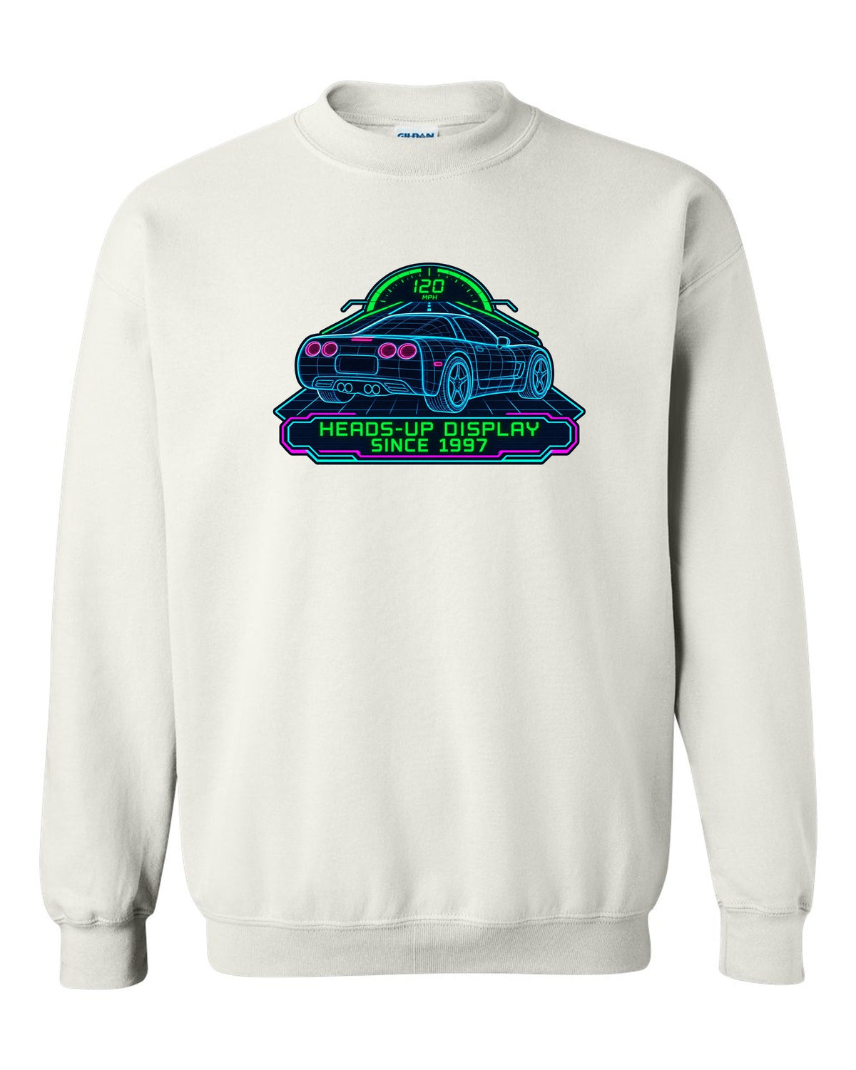 Hand-drawn doodle print of a 2020 Chevrolet Corvette C8 Stingray with heads-up display since 1997 lettering white crewneck front view with the design