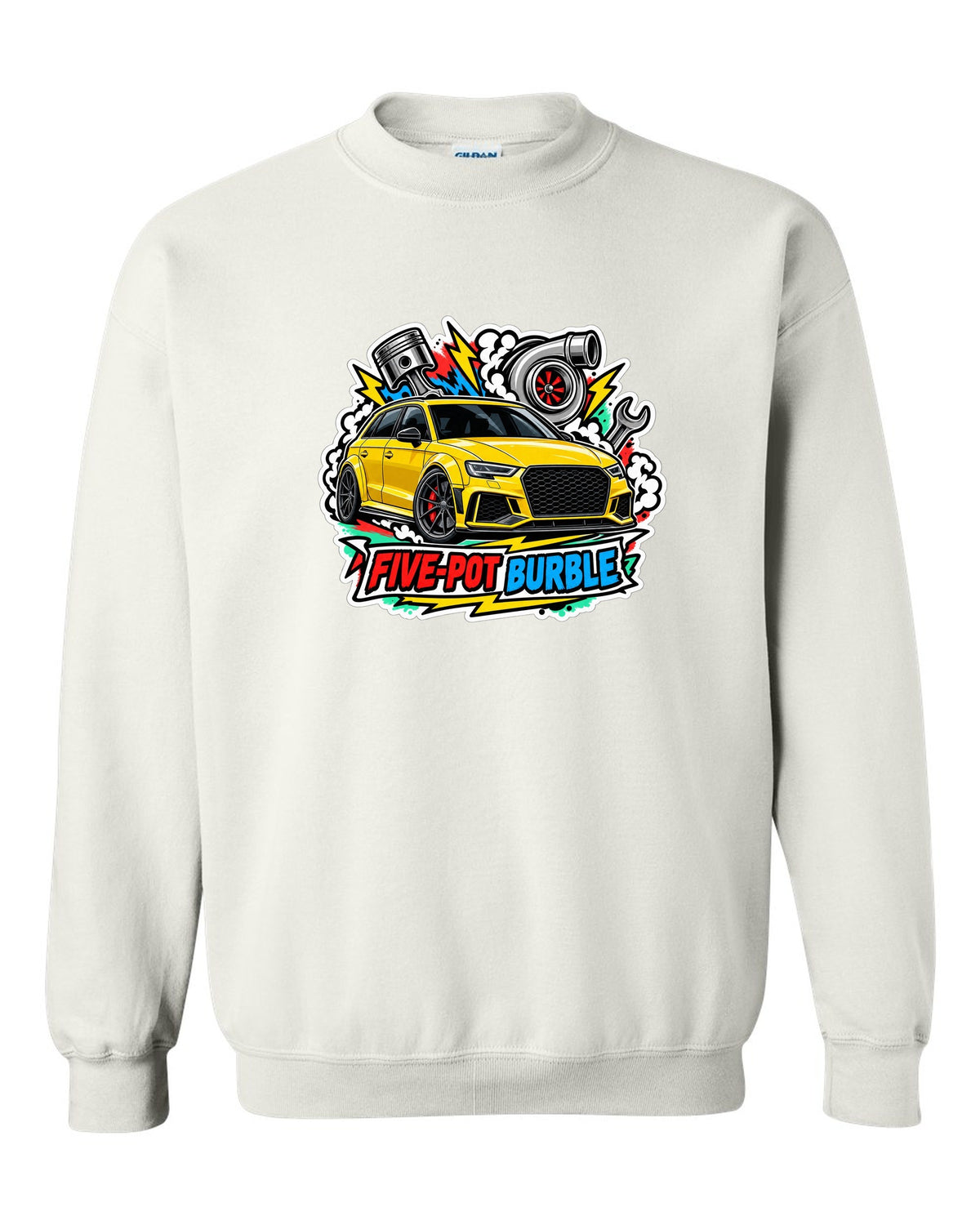 Sticker bomb collage print of an Audi RS3 8V with five-pot burble text white crewneck front view with the design