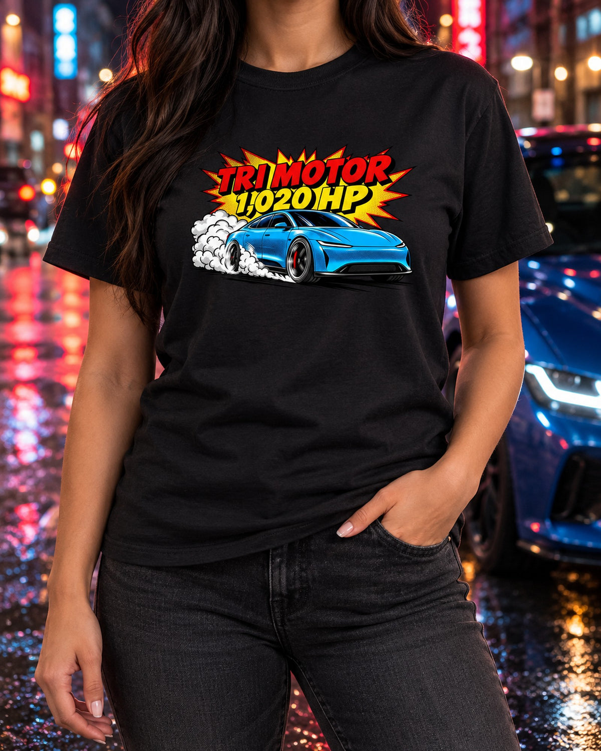 Tesla Model S Plaid Tri Motor Pop-Art Shirt, EV Car Guy Gift T-Shirt Black worn hero
