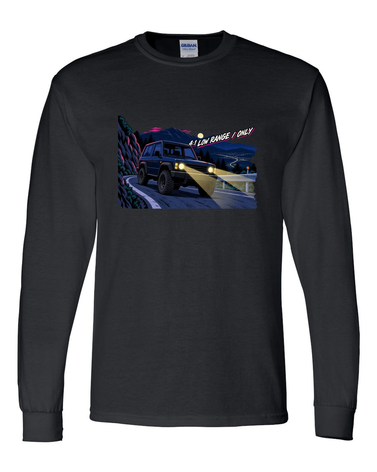 Jeep Wrangler JLU cel-shaded 90s anime night mountain pass with 4:1 low range only text black long sleeve front view with the design