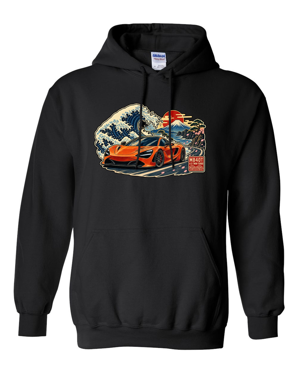 Ukiyo-e woodblock wave print of a McLaren 720S with M840T and 4.0 Twin-Turbo lettering black pull over hoodie front view with the design