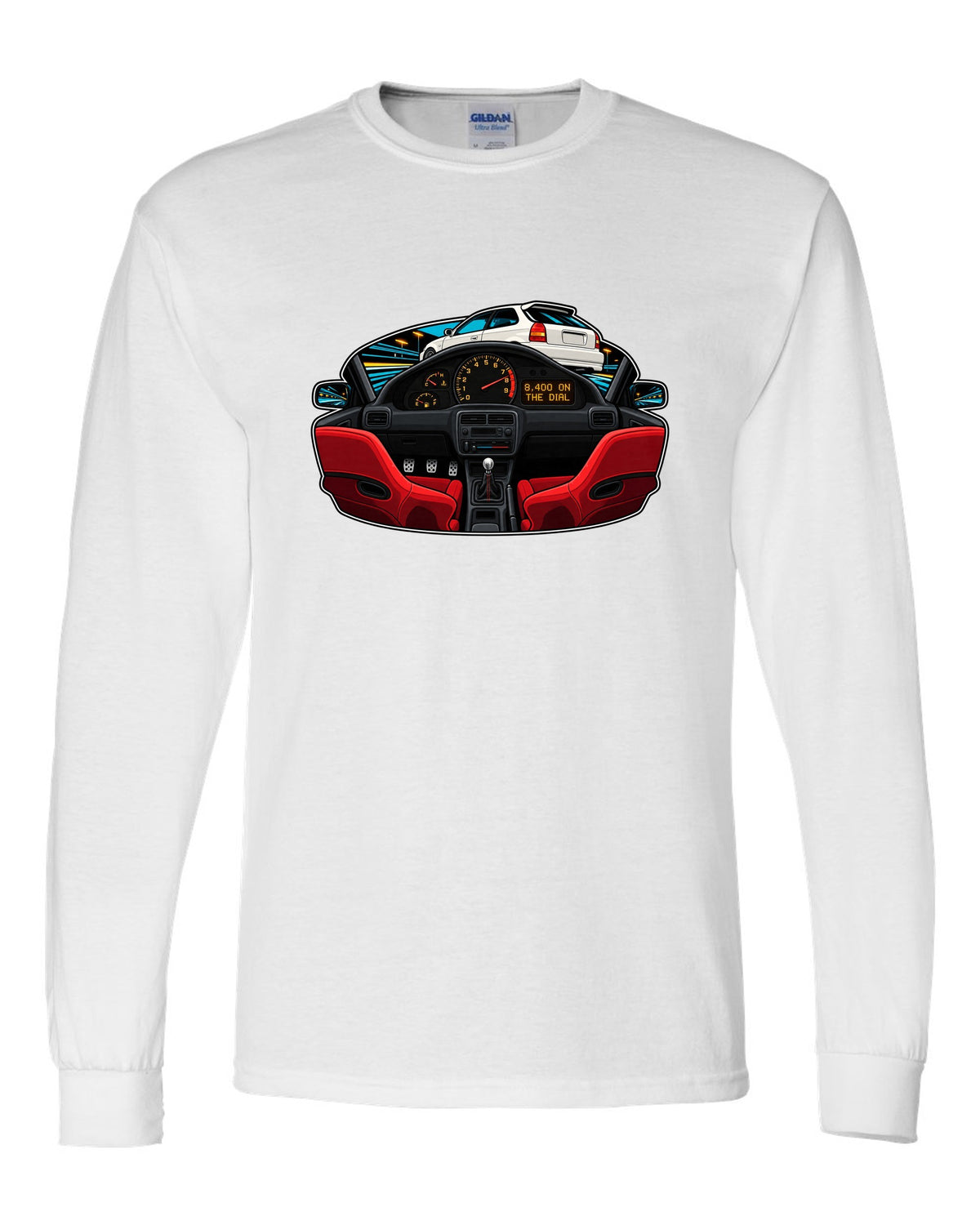 Gauge-cluster HUD print of a 1997 Honda Civic Type R EK9 with 8,400 on the dial text white long sleeve front view with the design