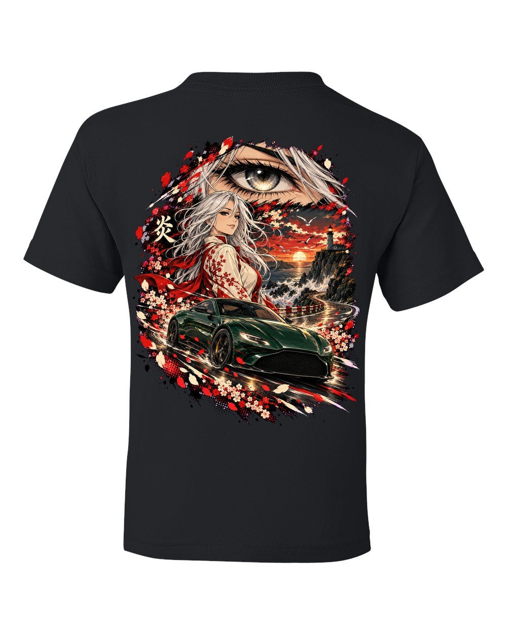 Aston Martin Vantage Anime Girl Kids Tee Black back