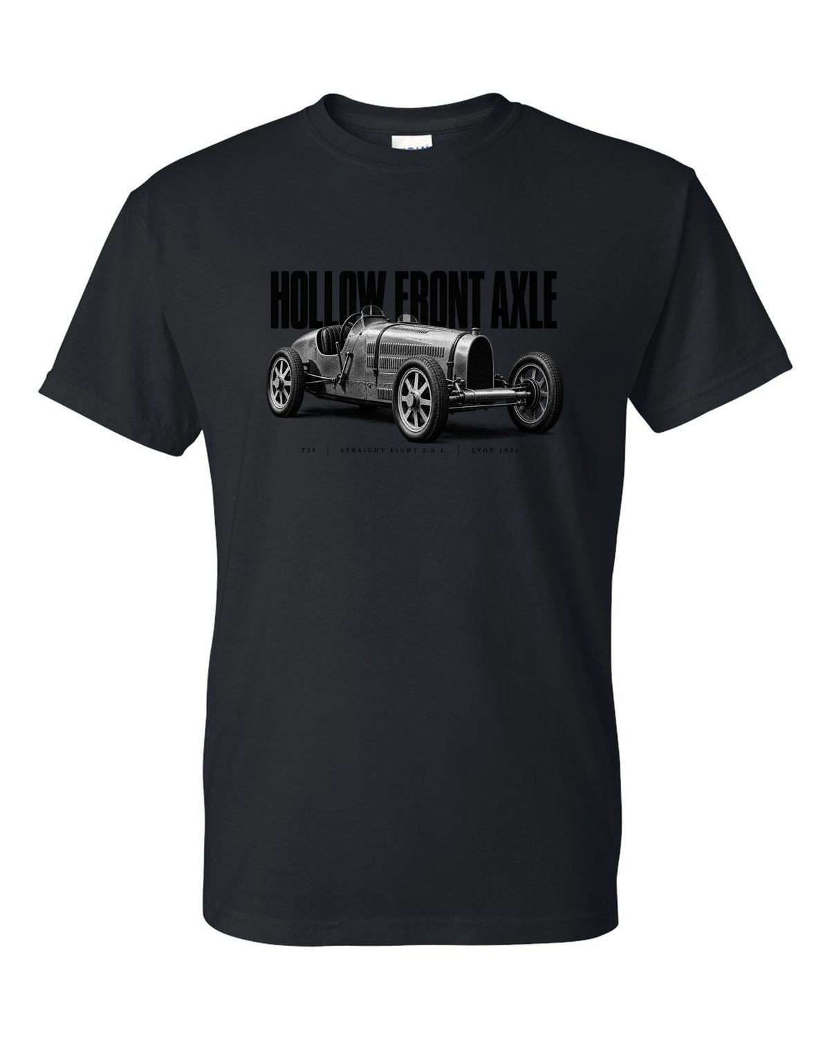 Bugatti Type 35 1924 hollow axle halftone print black t-shirt front view with the design