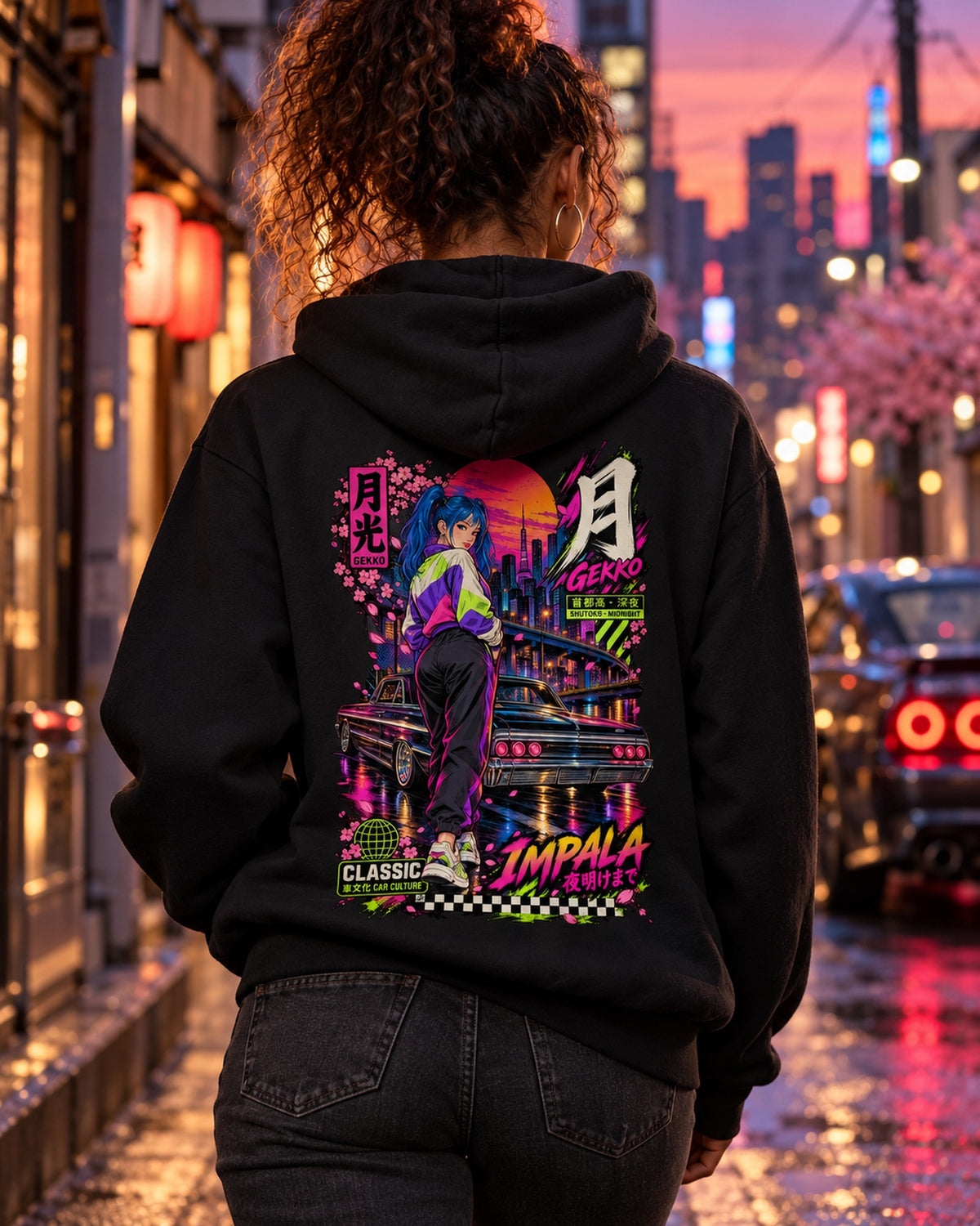 GEKKO IMPALA Anime Girl Full-Back Graphic Tee Pull Over Hoodie Black worn hero