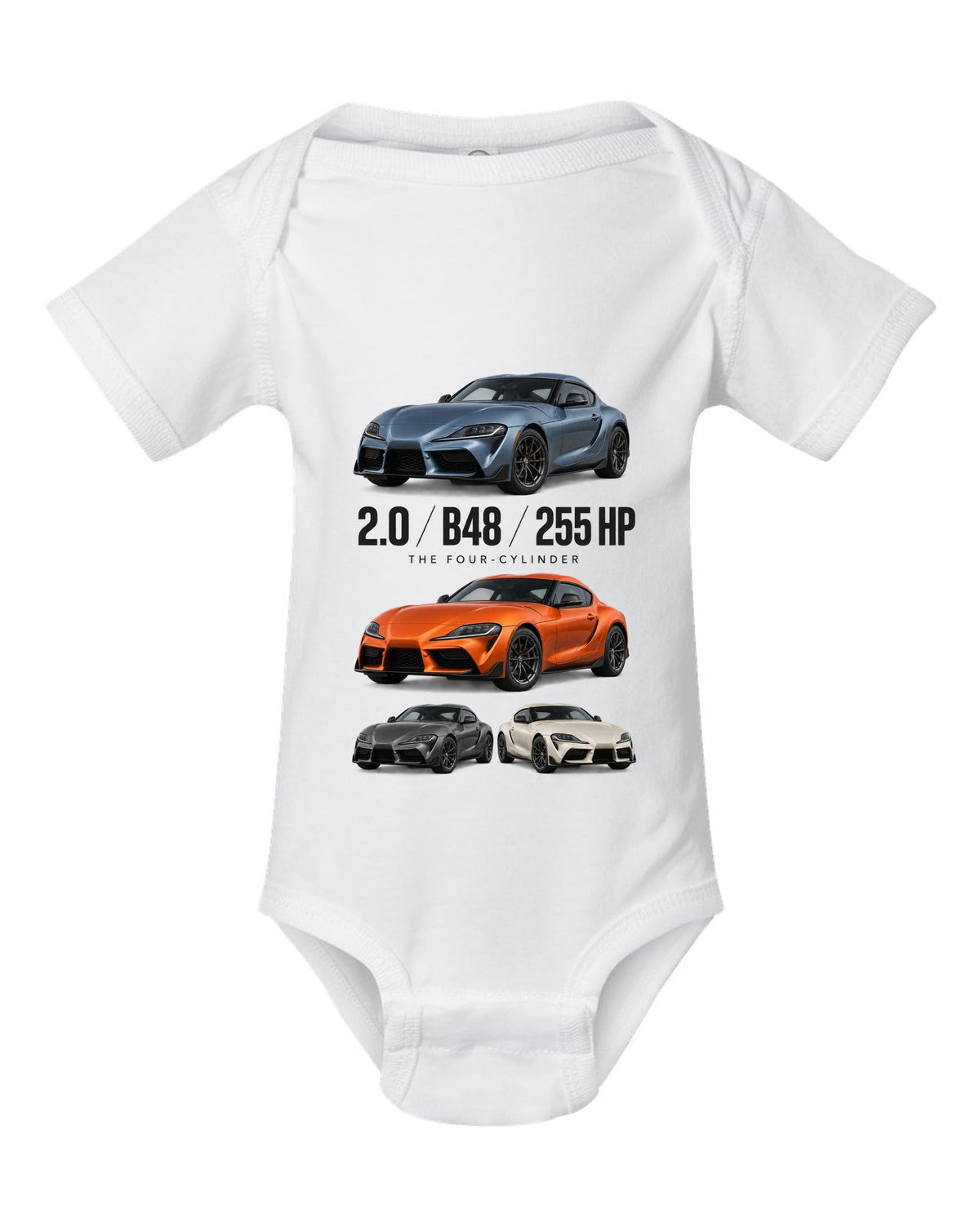 Steel blue Toyota GR Supra 2.0 spec poster with B48 and 255 HP text white baby onesie front view with the design