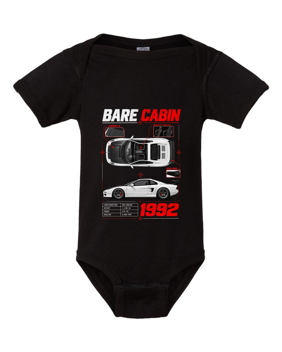 Spec poster print for the 1992 Honda NSX-R NA1 listing bare cabin, bucket seats and carbon lid black baby onesie front view with the design