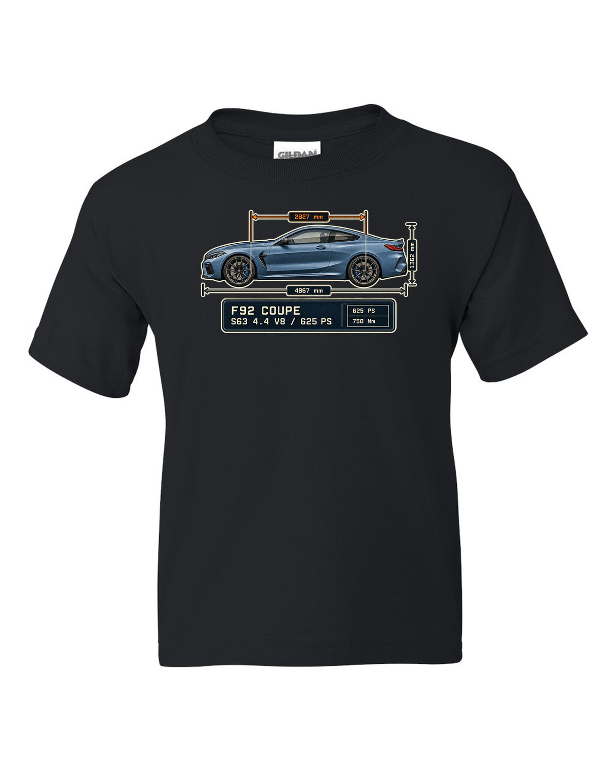 BMW M8 Competition Coupe F92 dimension blueprint print on a tee black kids tee front view with the design