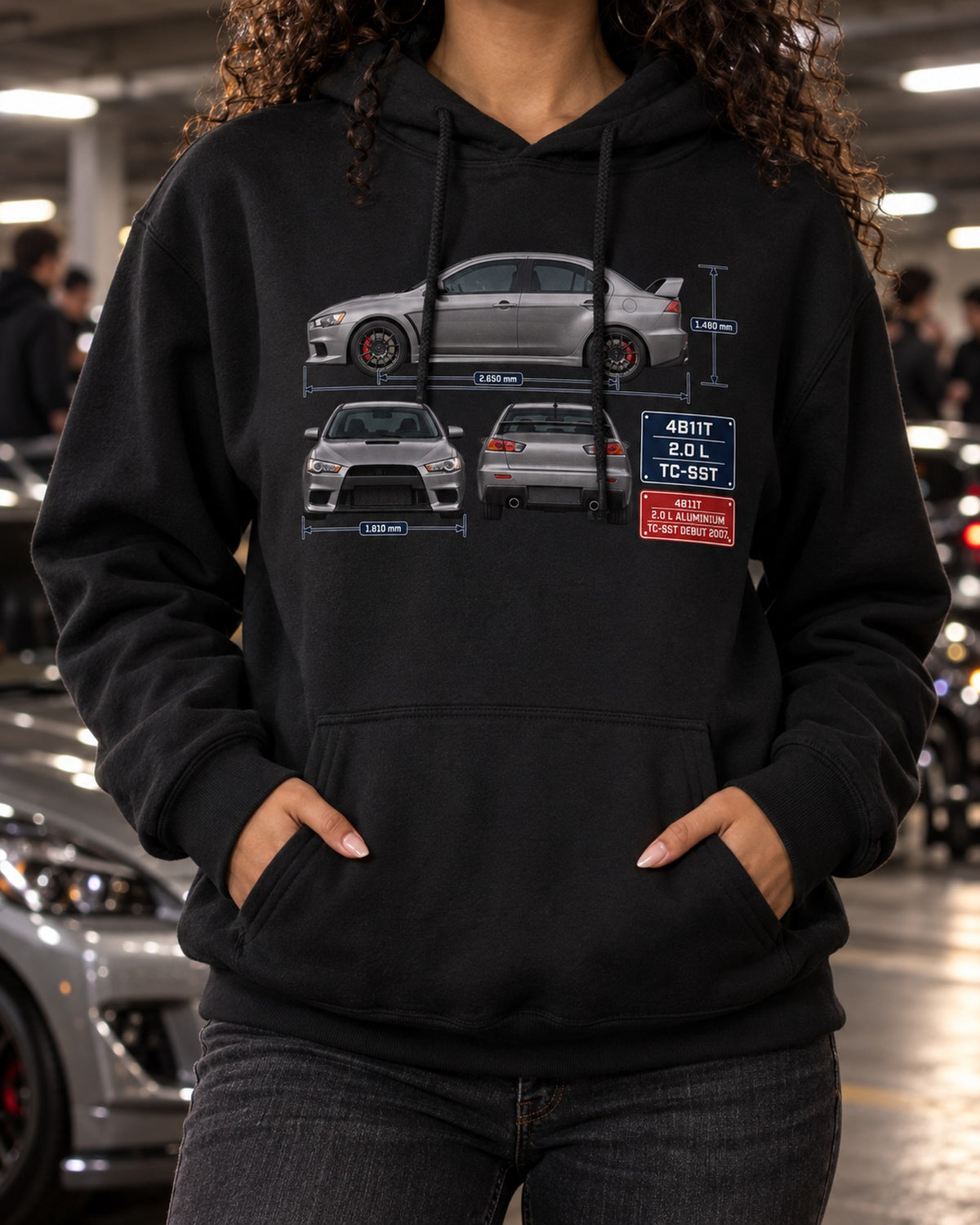 Evo X GSR Three-View Spec Table Tee, Mitsubishi Lancer Pull Over Hoodie Black worn hero