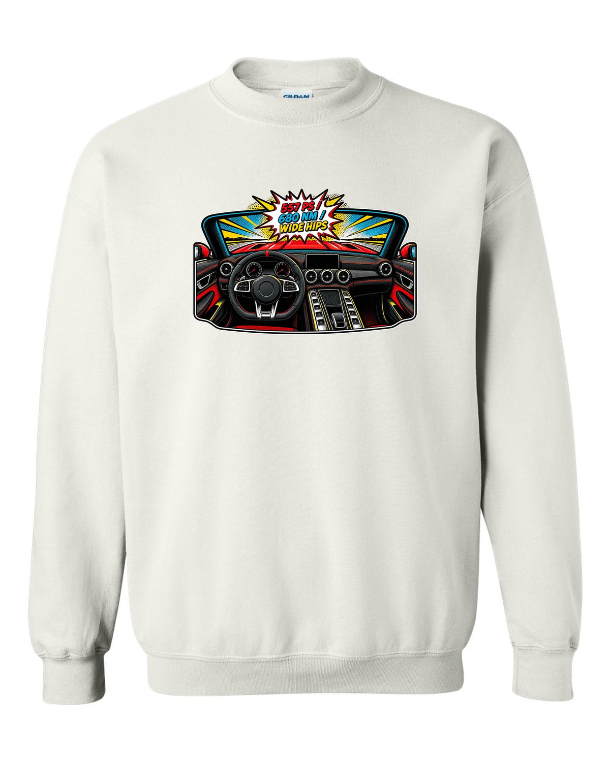 Isometric topographic route map of the Nordschleife with Flugplatz and Schwedenkreuz text for a Mercedes AMG GT C190 white crewneck front view with the design