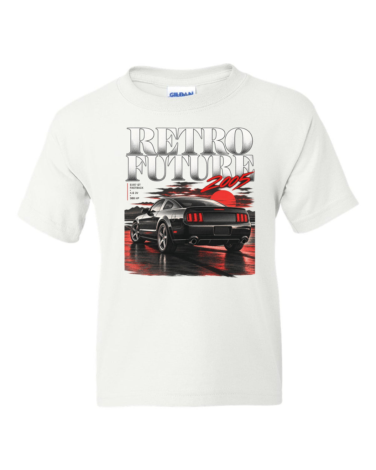 Editorial headline print of a 2005-09 Ford Mustang S197 GT fastback white kids tee front view with the design