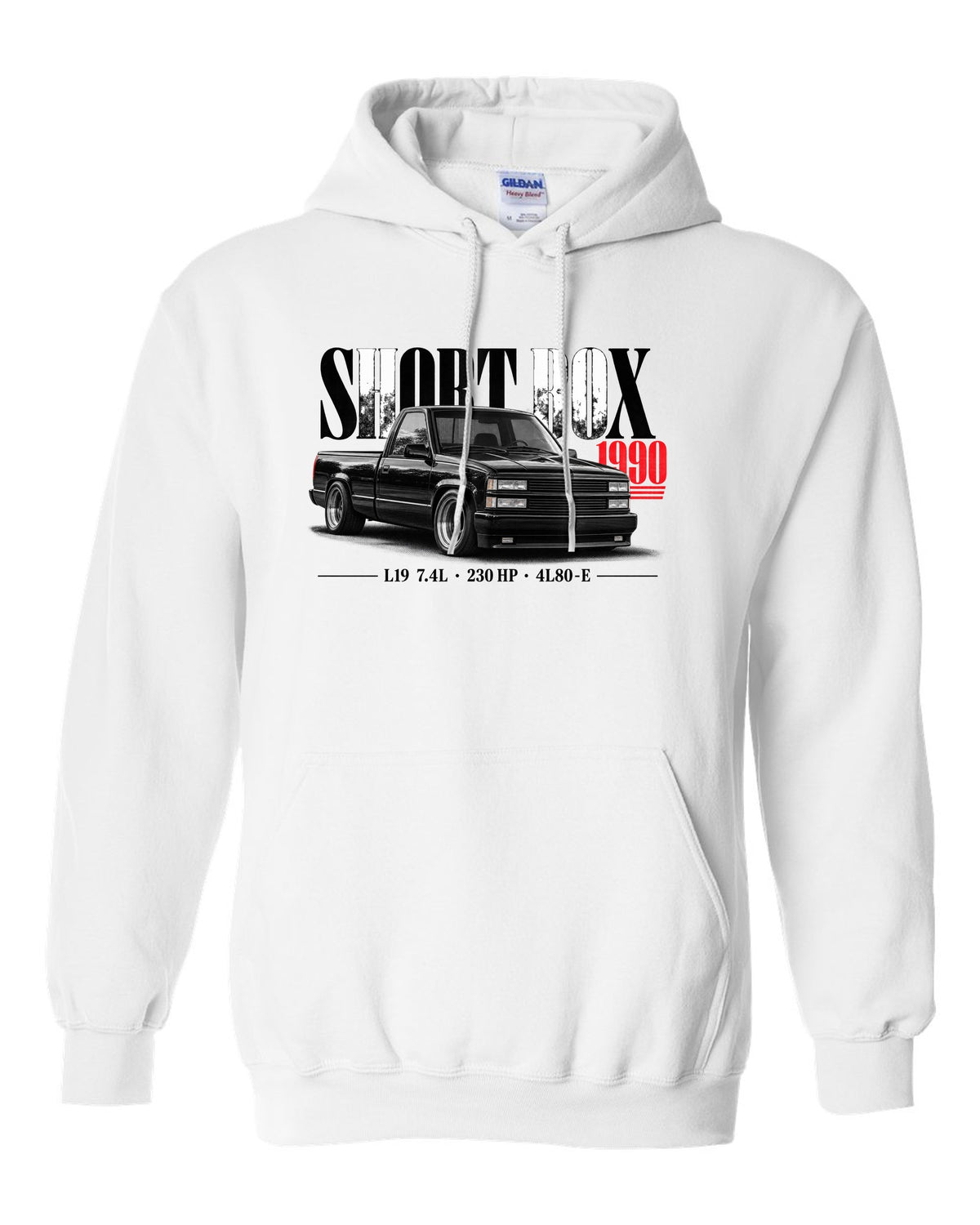 1990 Chevy 454 SS short box pickup editorial print white pull over hoodie front view with the design