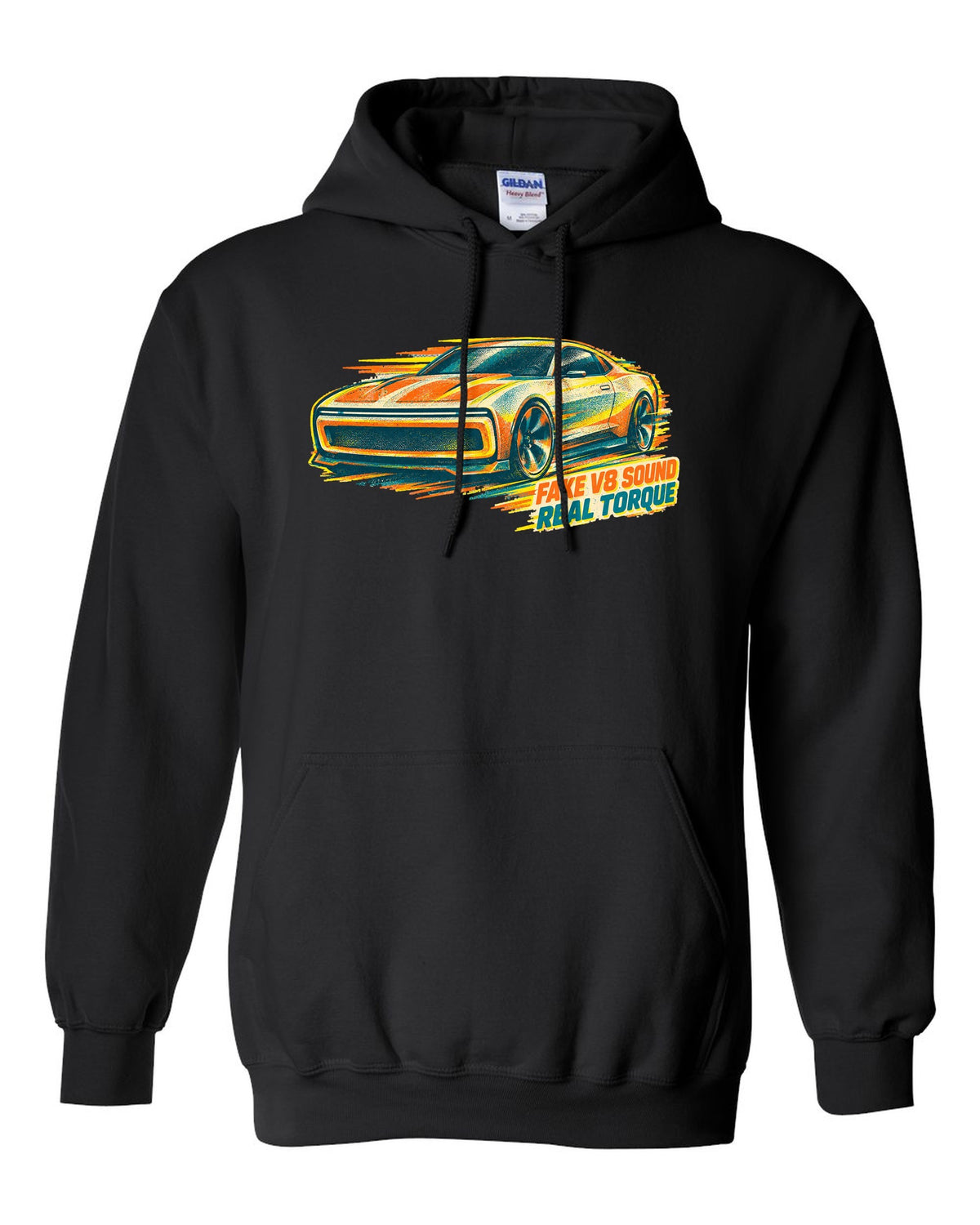Risograph duotone illustration of a 2024 Dodge Charger Daytona EV black pull over hoodie front view with the design