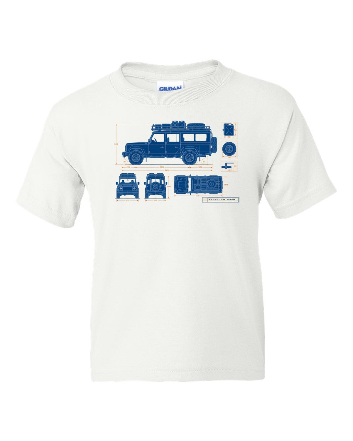 Blueprint line drawing print of a Land Rover Defender 110 Td5 with roof rack and 2.5 TD5 text white kids tee front view with the design